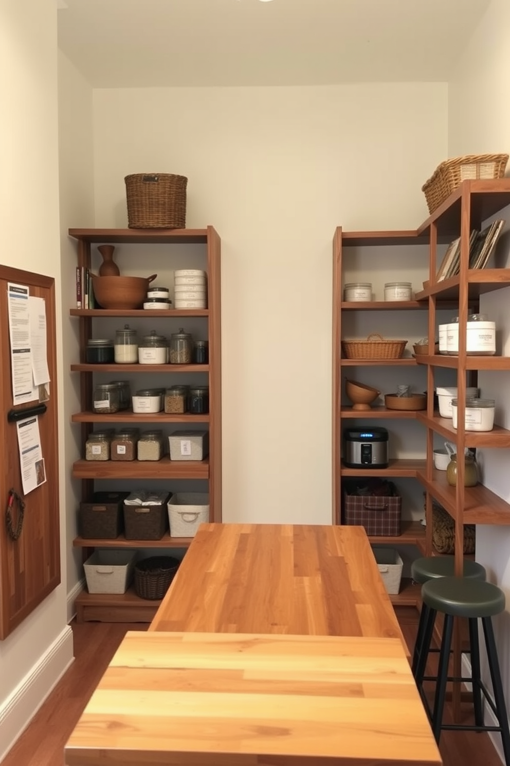 A cozy apartment pantry featuring a spacious layout with open shelving made of reclaimed wood. The walls are painted in a soft cream color, and a bulletin board is mounted near the entrance for notes and reminders. The pantry includes a small island with bar stools for casual dining, topped with a butcher block surface. Decorative jars and baskets are neatly organized on the shelves, adding both functionality and charm to the space.