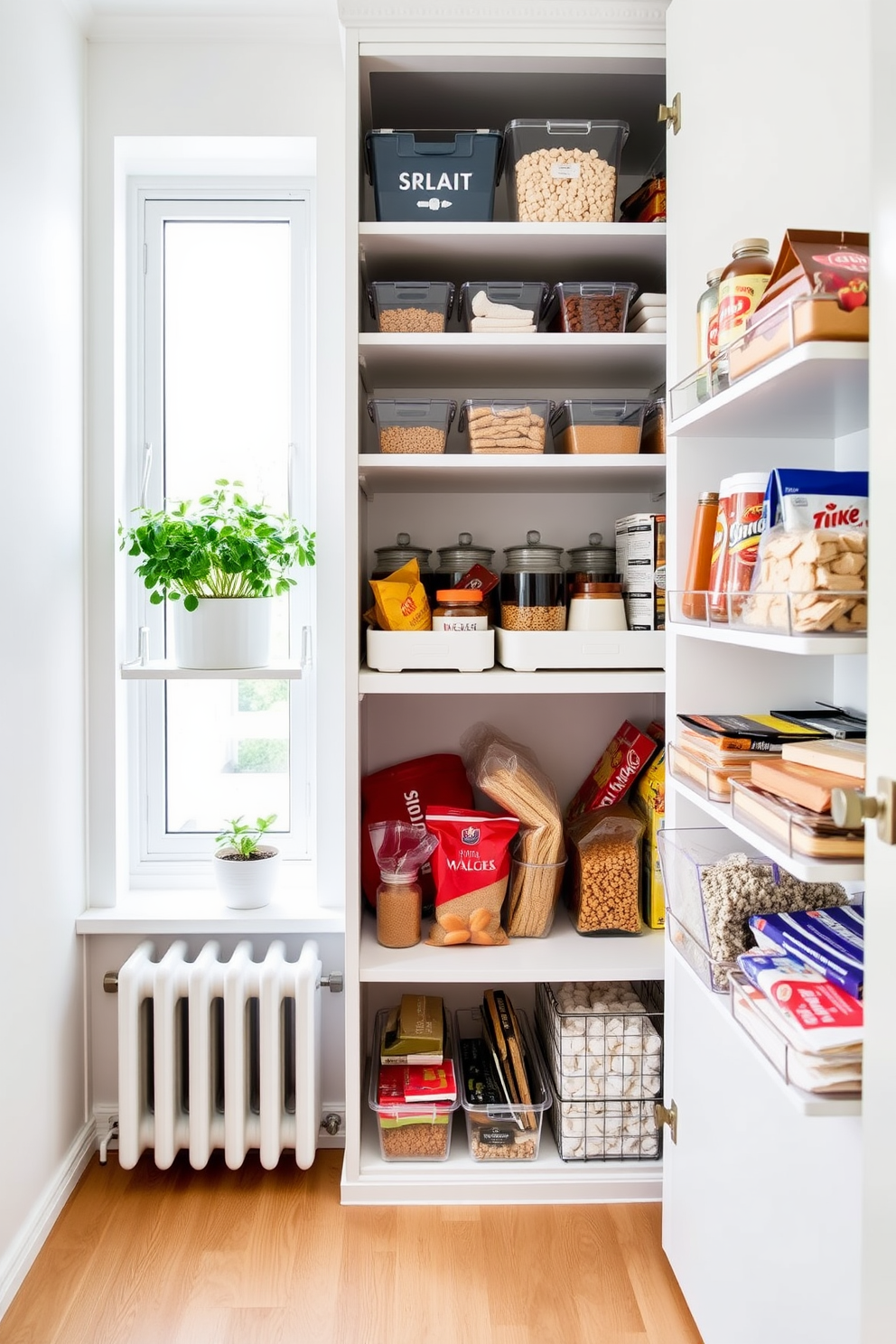 A modern apartment pantry design featuring clear bins for easy visibility and organization. The shelves are lined with various sizes of clear containers filled with dry goods, spices, and snacks, creating a clean and streamlined look. The pantry walls are painted in a soft white to enhance brightness, while the floor is a light wood for warmth. A small herb garden sits on the windowsill, adding a touch of greenery and freshness to the space.