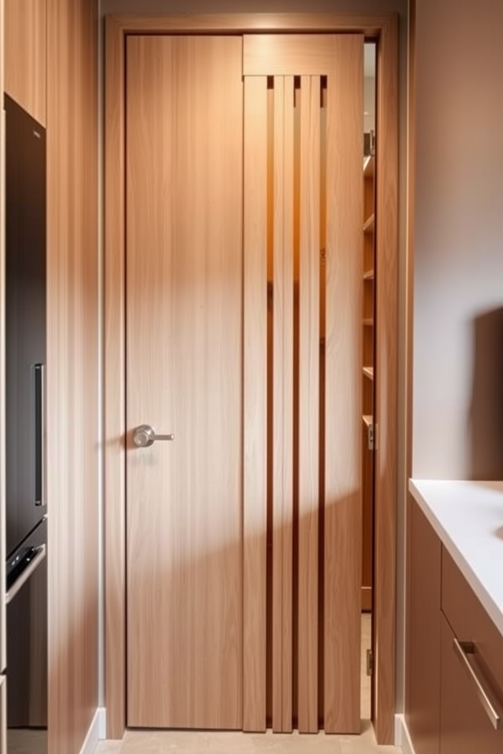 A stylish pantry door design features a sleek wooden door with a smooth finish and elegant hardware. The door is adorned with vertical slats, adding texture and modernity to the overall aesthetic of the apartment pantry.