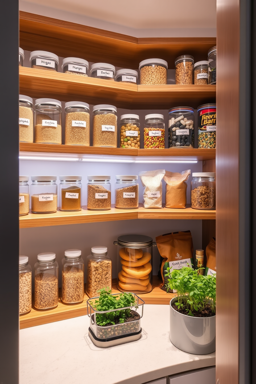 A modern apartment pantry designed for optimal organization. The pantry features labeled glass containers for grains, spices, and snacks, arranged on wooden shelves for easy access. Bright LED lighting illuminates the space, enhancing the clean lines and minimalist aesthetic. A small herb garden sits on the countertop, adding a touch of greenery and freshness to the design.