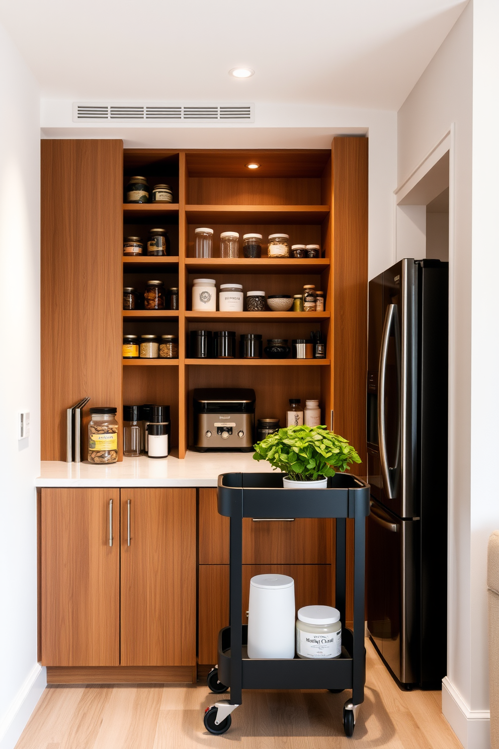 A stylish apartment pantry featuring a sleek rolling cart for easy access and flexibility. The pantry is organized with open shelving displaying jars and containers, complemented by a warm wood finish and soft ambient lighting. The walls are painted in a light neutral tone, enhancing the spacious feel of the area. A small herb garden sits on the countertop, adding a touch of greenery and freshness to the design.