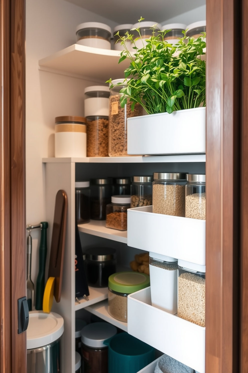 A stylish apartment pantry featuring vertical storage with stackable shelves. The shelves are organized with a variety of containers for dry goods, and a small herb garden sits on the top shelf for easy access.