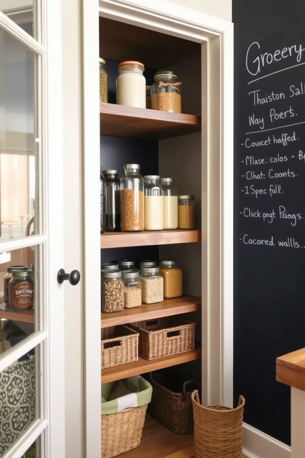 A stylish apartment pantry featuring a chalkboard wall for grocery lists. The pantry includes open shelving made of reclaimed wood, neatly organized with jars and baskets for easy access to dry goods.