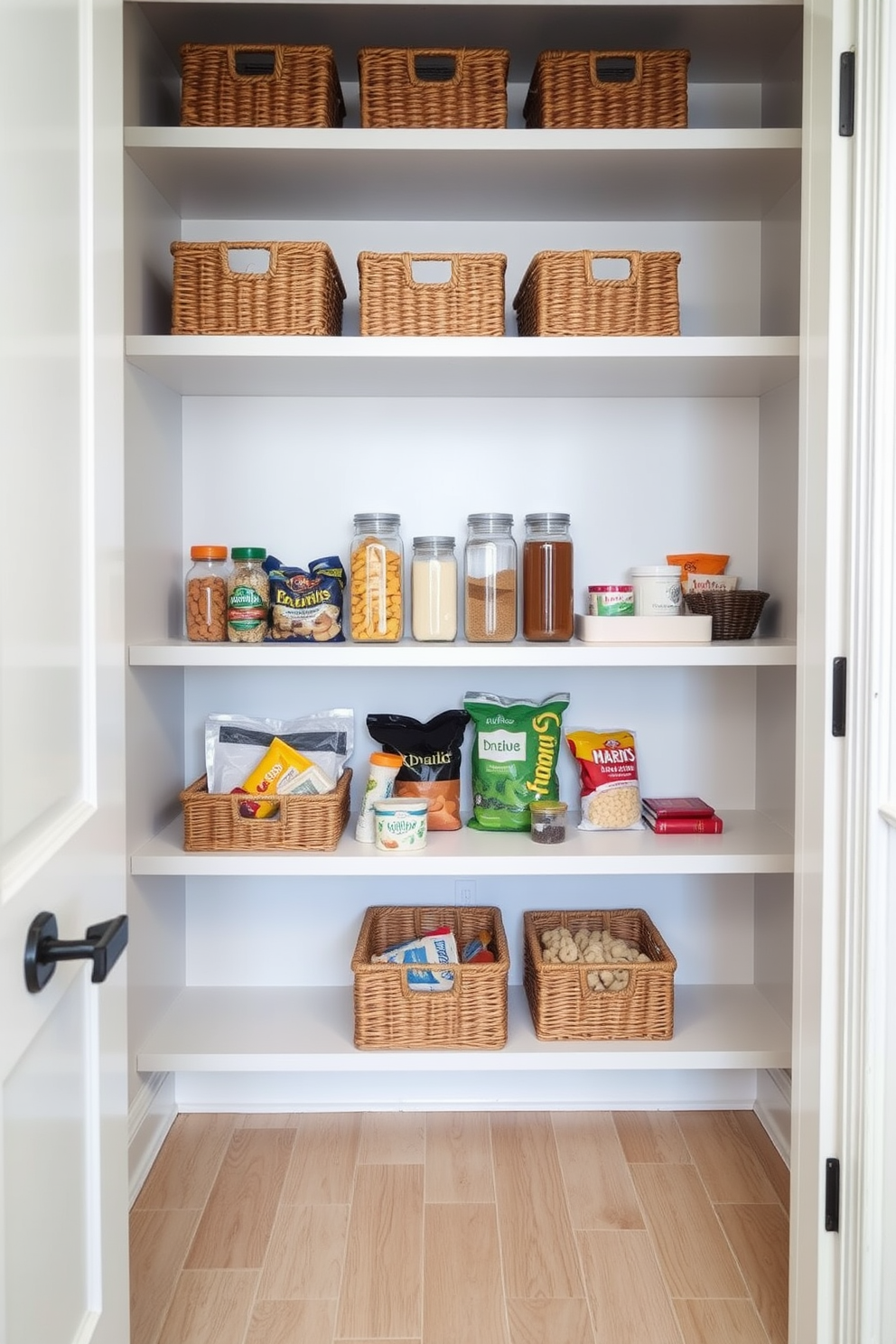 A stylish apartment pantry with organized shelves featuring woven baskets for grouping dry goods and snacks. The walls are painted in a soft white, and the floor has light wood tiles that enhance the airy feel of the space.