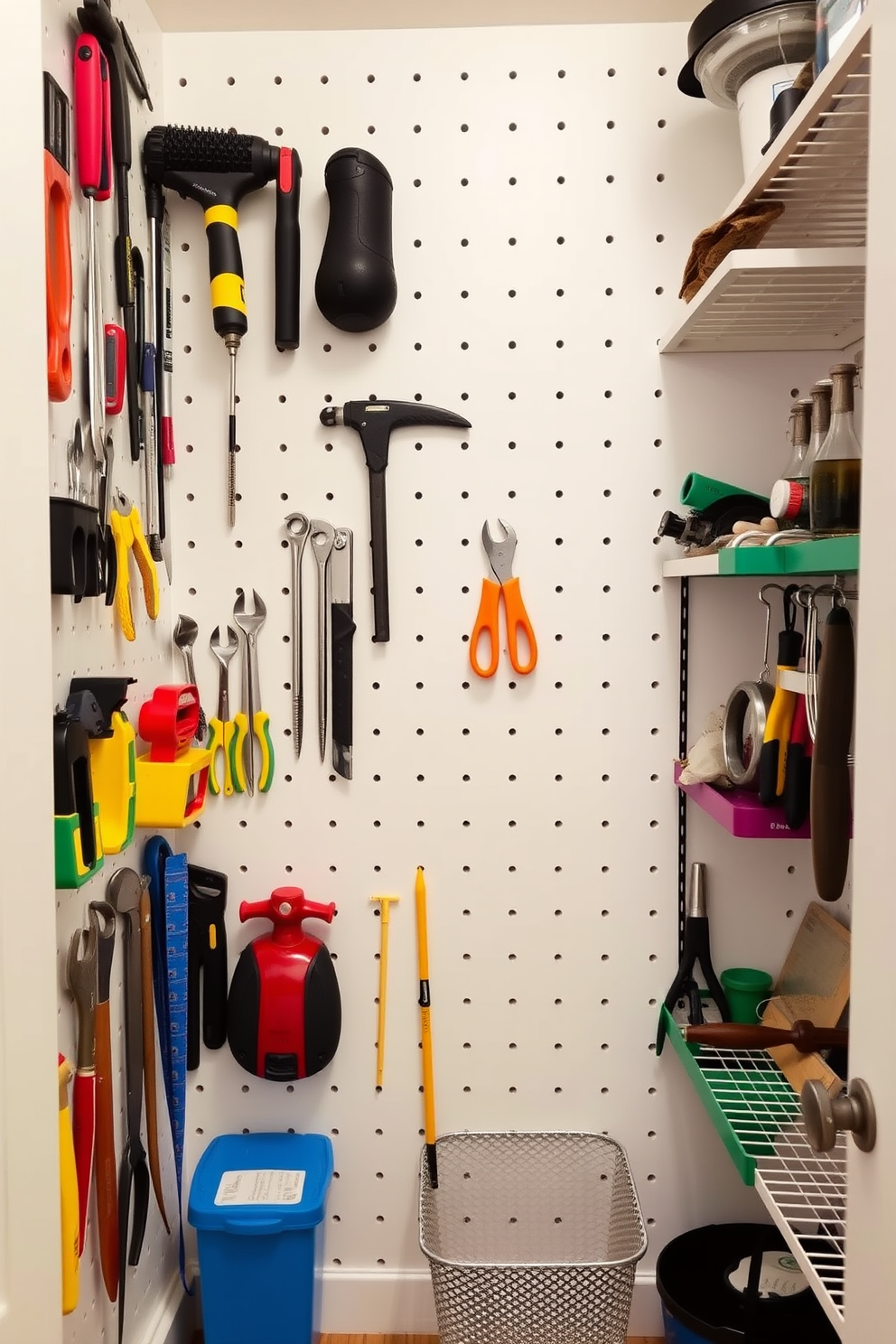 A modern apartment pantry featuring a pegboard wall for organized tool storage. The pegboard is painted in a soft white color, and various tools are neatly arranged in colorful holders for easy access.