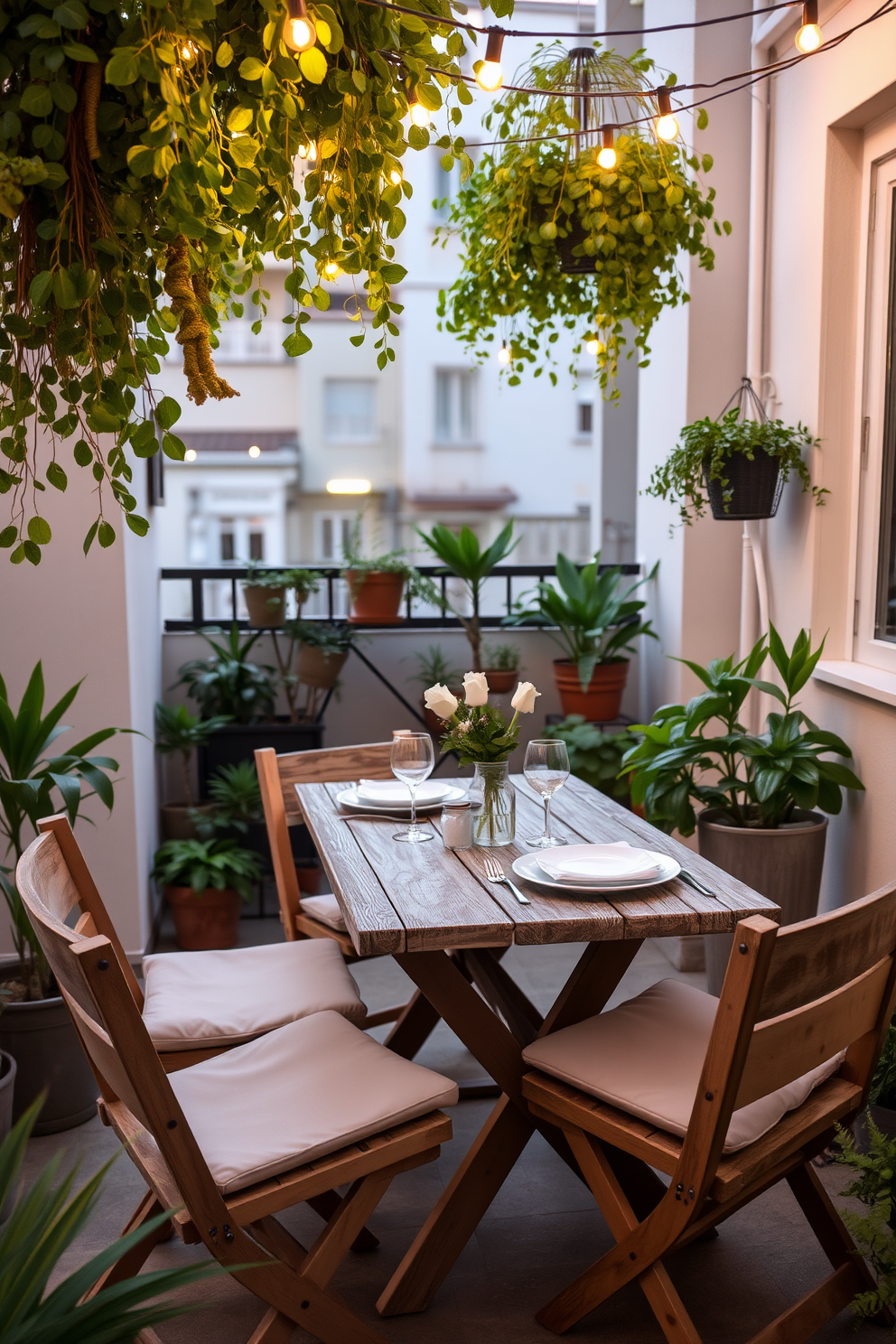 A charming small dining table is set for al fresco meals on a cozy apartment patio. The table is made of weathered wood and surrounded by comfortable, cushioned chairs, creating an inviting atmosphere for outdoor dining. Lush potted plants and hanging greenery frame the space, adding a touch of nature. Soft string lights are draped overhead, providing a warm glow as the sun sets, perfect for evening gatherings.