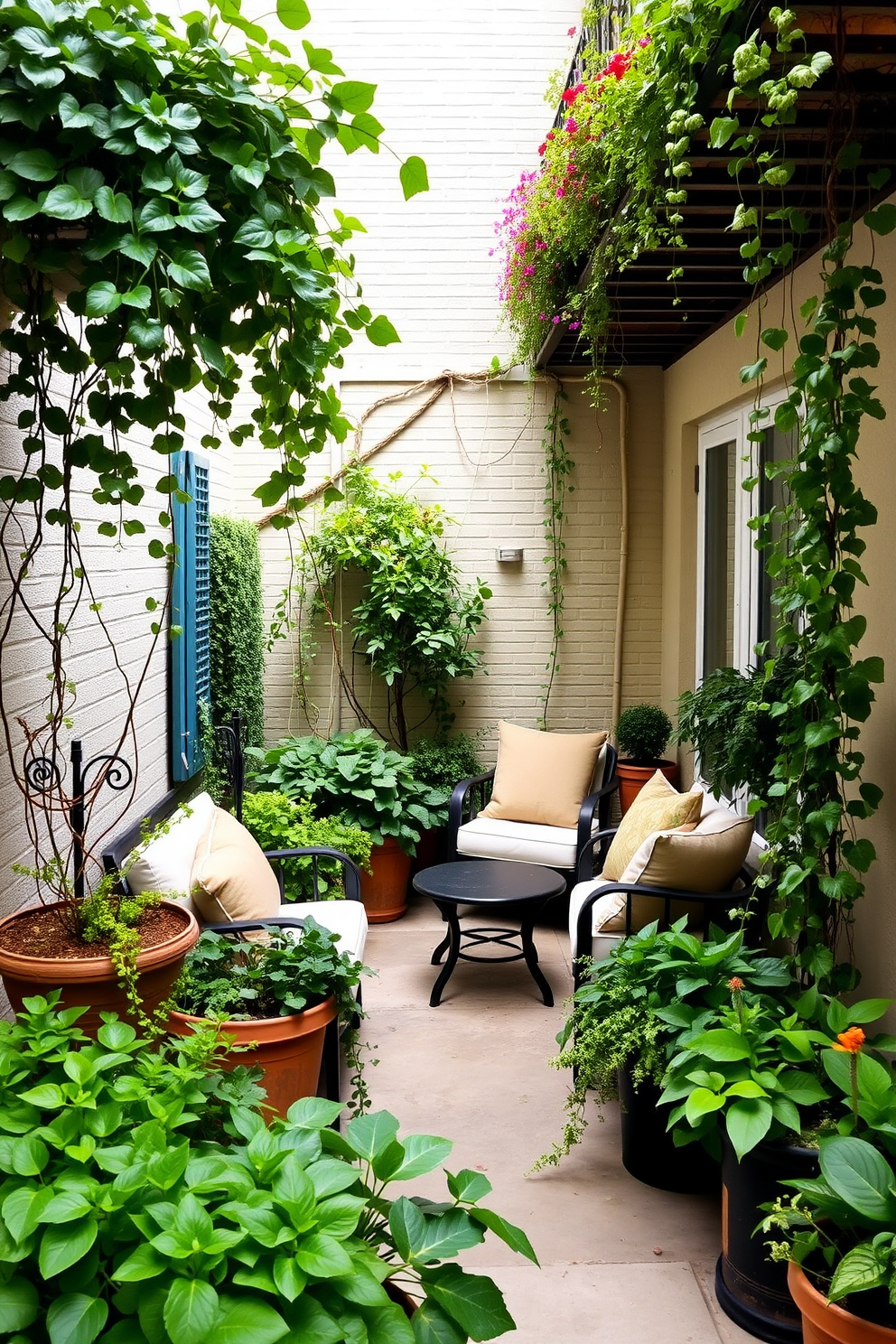 A charming apartment patio filled with planters overflowing with trailing vines. The space features comfortable seating arrangements surrounded by lush greenery, creating a serene outdoor retreat.