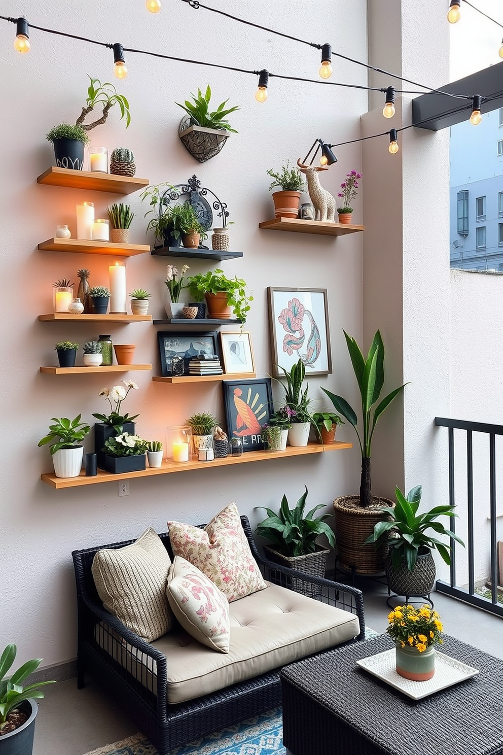 A stylish apartment patio featuring wall-mounted shelves adorned with decorative accents. The shelves showcase an array of potted plants, candles, and art pieces, creating a vibrant and inviting atmosphere. The patio is furnished with a comfortable seating area, complete with plush cushions and a coffee table. String lights are draped overhead, adding a warm glow to the space during the evening.