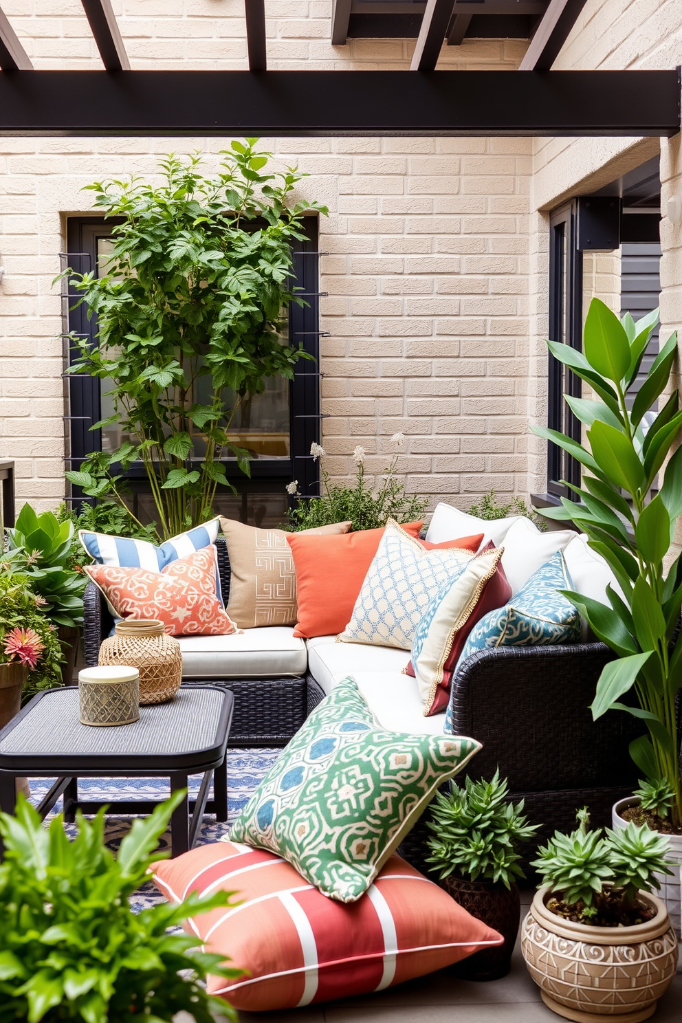 Create a cozy apartment patio featuring a stylish arrangement of outdoor throw pillows in various colors and patterns. The space should include a comfortable seating area with a small coffee table, surrounded by lush greenery and decorative plants.