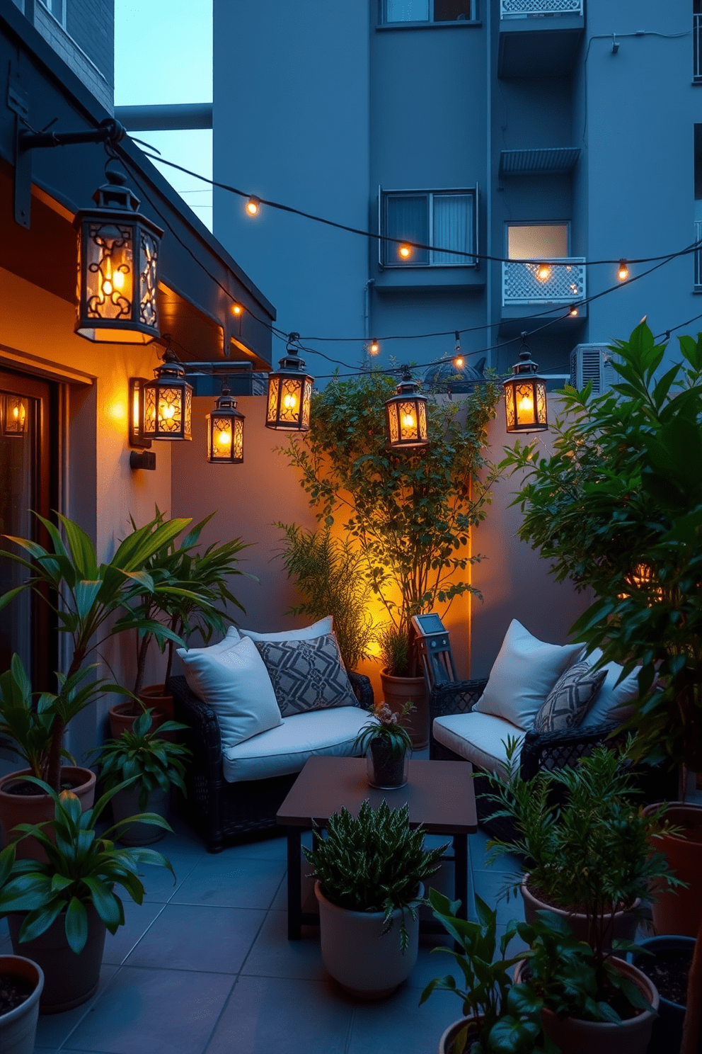 A cozy apartment patio setting adorned with decorative lanterns casting a warm evening glow. The space features a comfortable seating arrangement with plush cushions, surrounded by lush potted plants and soft ambient lighting.