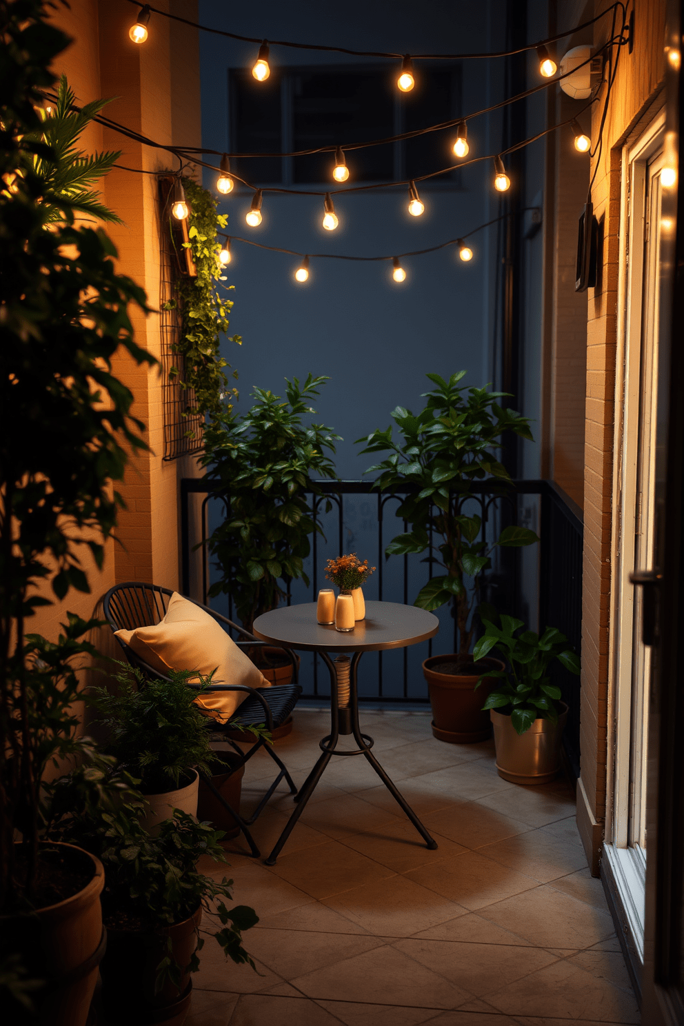 A cozy apartment patio adorned with bistro lights creates a romantic ambiance. The space features a small round table with two comfortable chairs and lush potted plants surrounding the area. Soft cushions in warm tones add comfort to the seating arrangement. A string of bistro lights hangs overhead, casting a gentle glow during the evening hours.