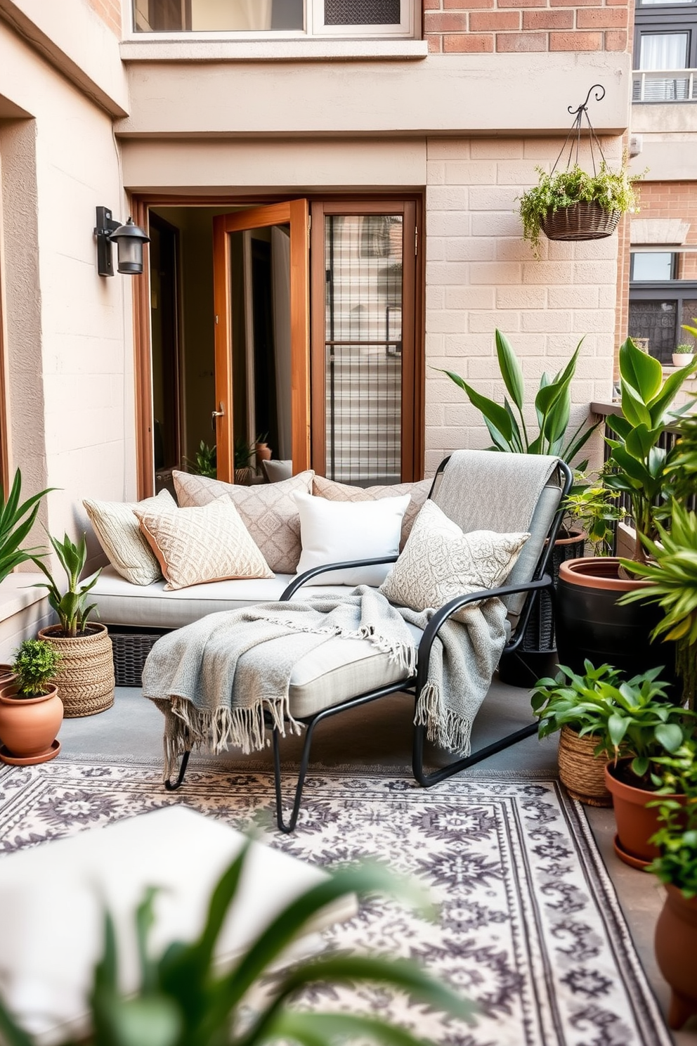 A cozy apartment patio featuring layered textiles for a warm and inviting atmosphere. Plush cushions in various textures are scattered across a comfortable seating area, complemented by a soft throw blanket draped over a stylish lounge chair. Potted plants in varying heights surround the space, adding a touch of greenery and life. An outdoor rug with intricate patterns anchors the seating area, creating a perfect spot for relaxation and social gatherings.