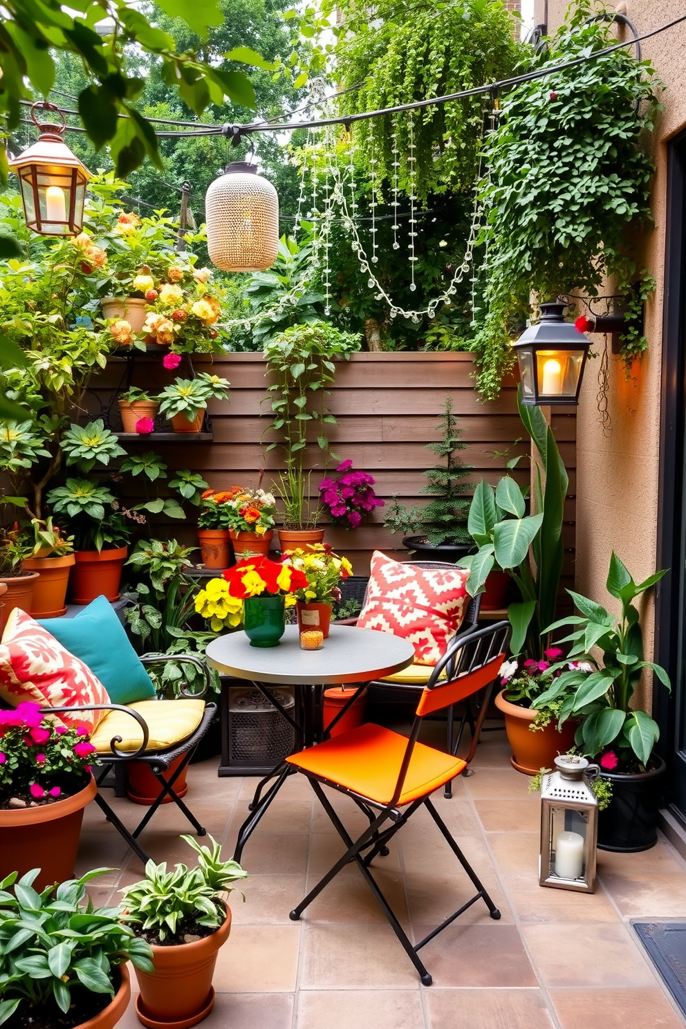 Seasonal decor for changing aesthetics. The patio features vibrant potted plants, colorful cushions on outdoor furniture, and string lights draped overhead for a cozy atmosphere. Apartment patio design ideas. A small bistro table with two chairs sits on the patio, surrounded by lush greenery and decorative lanterns, creating an inviting space for relaxation.