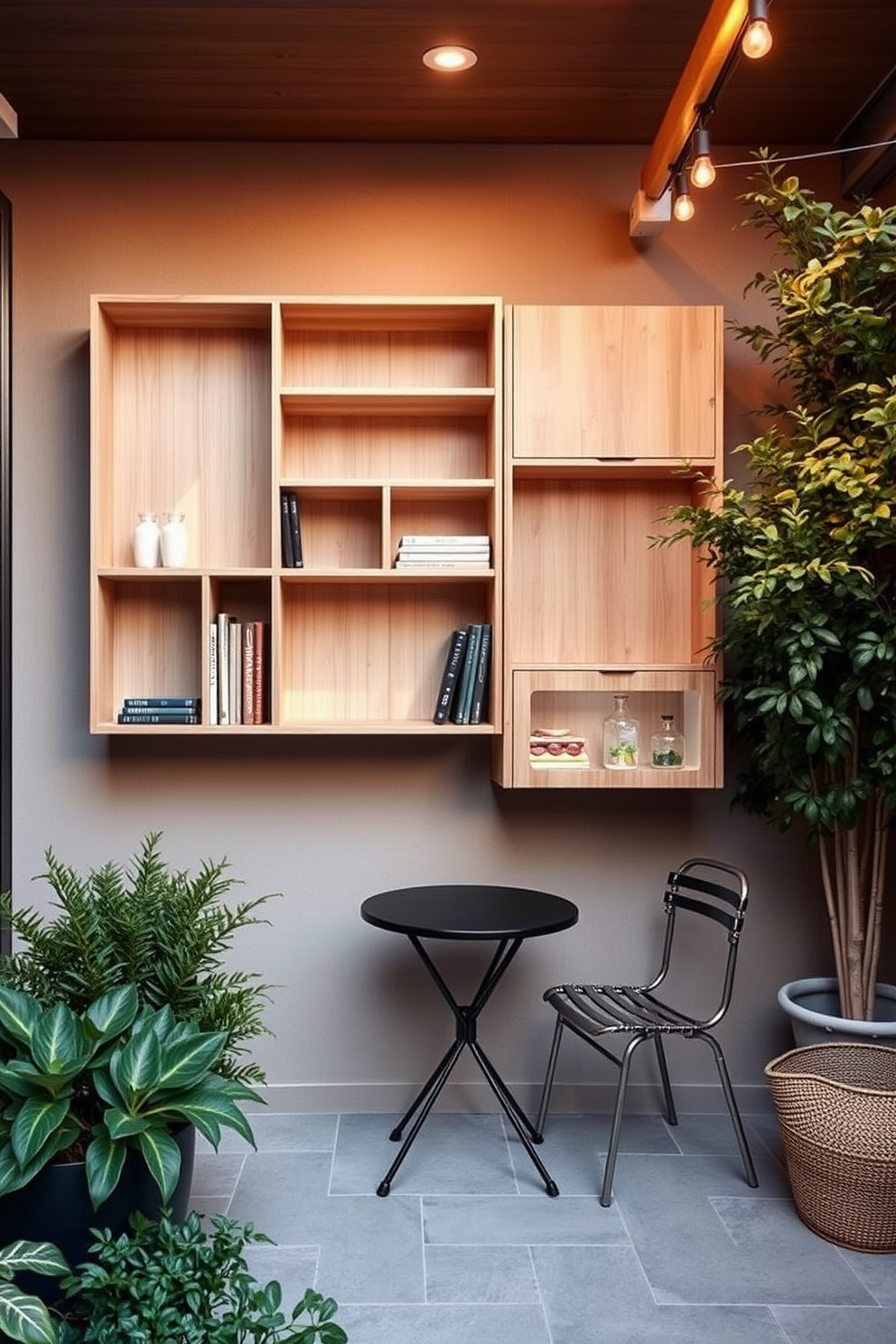 Compact storage solutions for organization. A sleek shelving unit made of light wood is mounted on the wall, featuring a mix of open and closed compartments for versatile storage. Apartment patio design ideas. A cozy outdoor space with a small bistro table and two chairs is surrounded by lush greenery, while string lights create a warm ambiance in the evening.