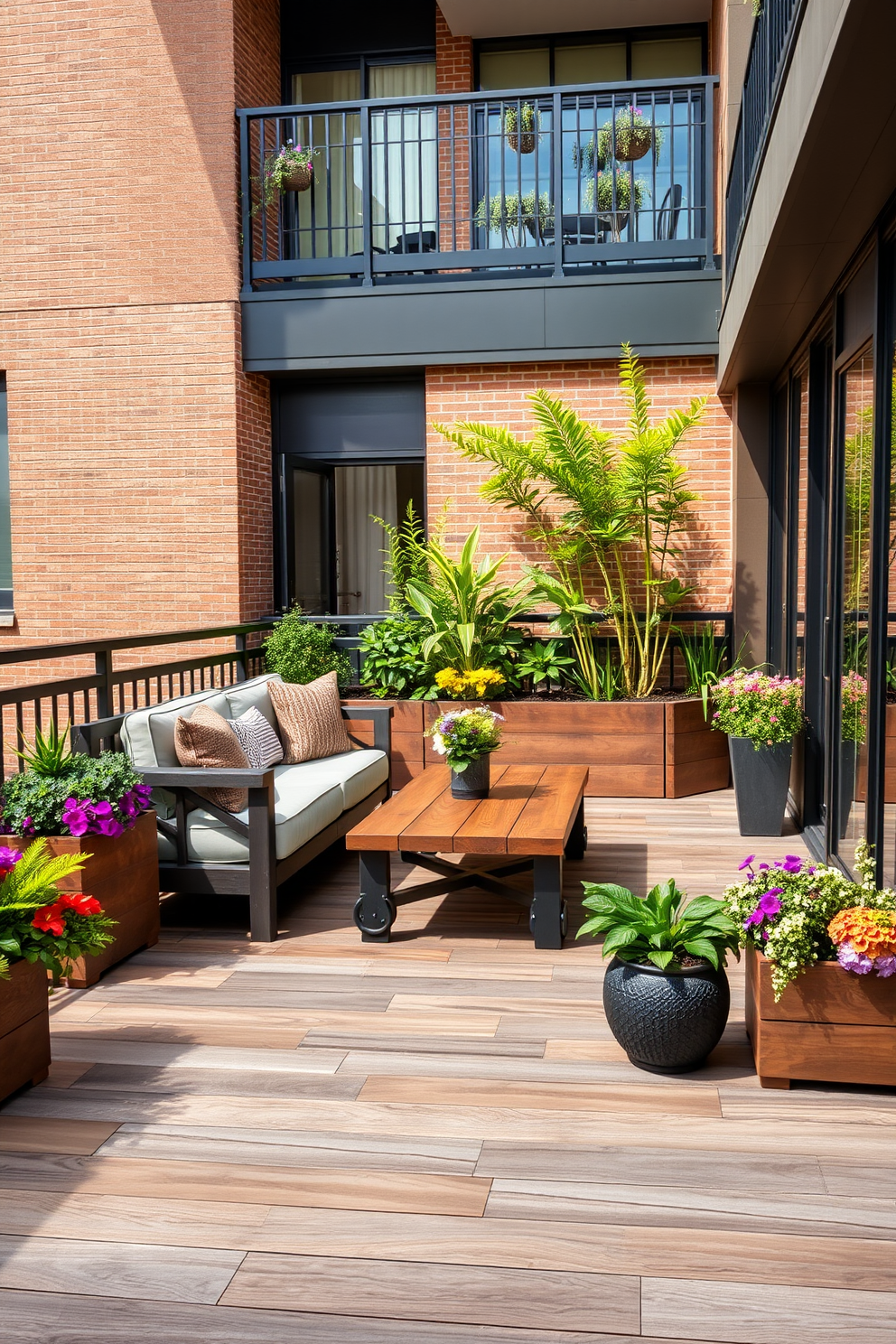 A stylish apartment patio featuring a blend of materials for a dynamic look. The floor is adorned with large wooden tiles, complemented by a sleek metal railing that provides an open feel. A comfortable seating area includes a plush outdoor sofa with weather-resistant cushions and a rustic wooden coffee table. Surrounding the patio are planters filled with vibrant greenery and colorful flowers, adding a touch of nature.