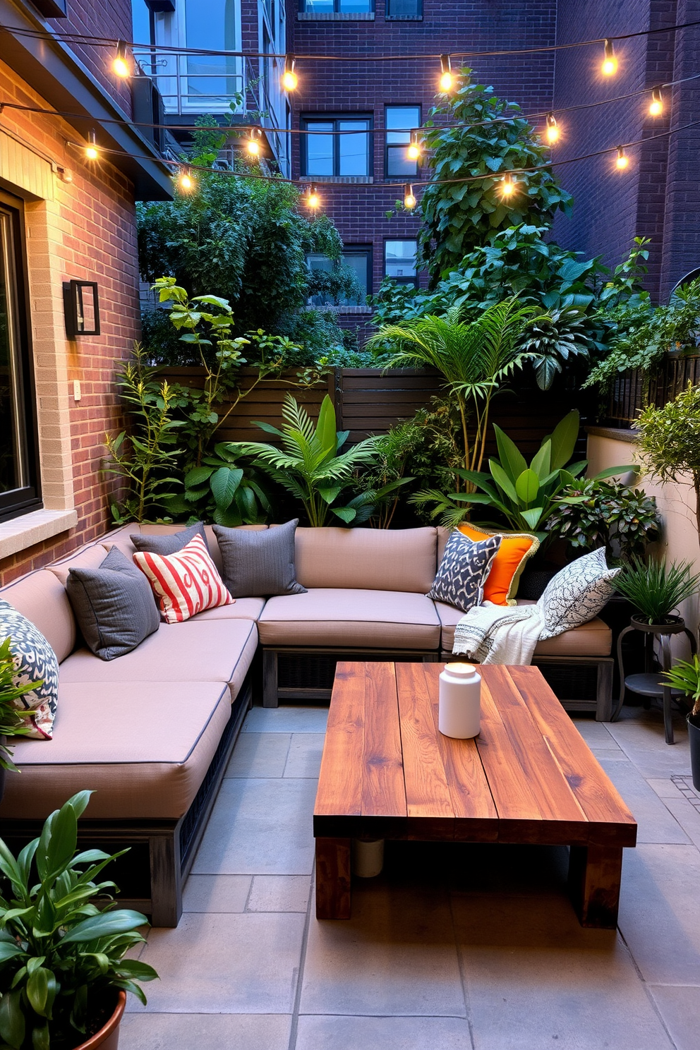 A stylish outdoor patio designed for an apartment setting. The space features a cozy seating arrangement with a sectional sofa adorned with colorful cushions and a sleek coffee table made of reclaimed wood. Surrounding the patio are lush potted plants that add a touch of greenery. Soft ambient lighting is incorporated with string lights overhead, creating a warm and inviting atmosphere for evening gatherings.