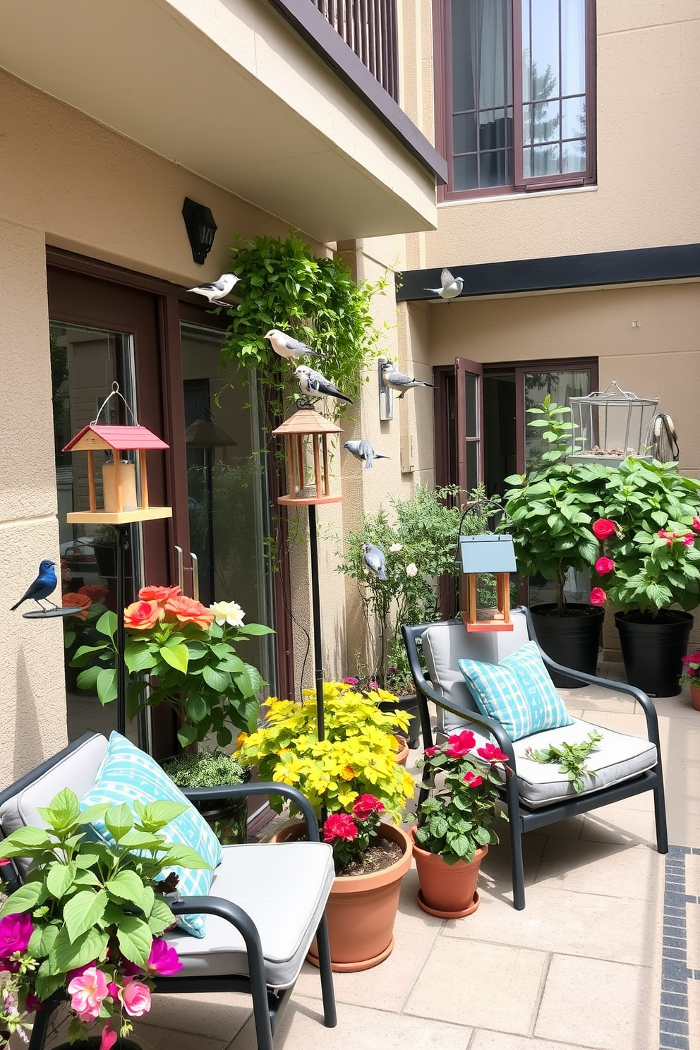 A cozy apartment patio featuring a variety of bird feeders designed to attract local wildlife. The space is adorned with vibrant potted plants and comfortable seating, creating an inviting atmosphere for both birds and residents.