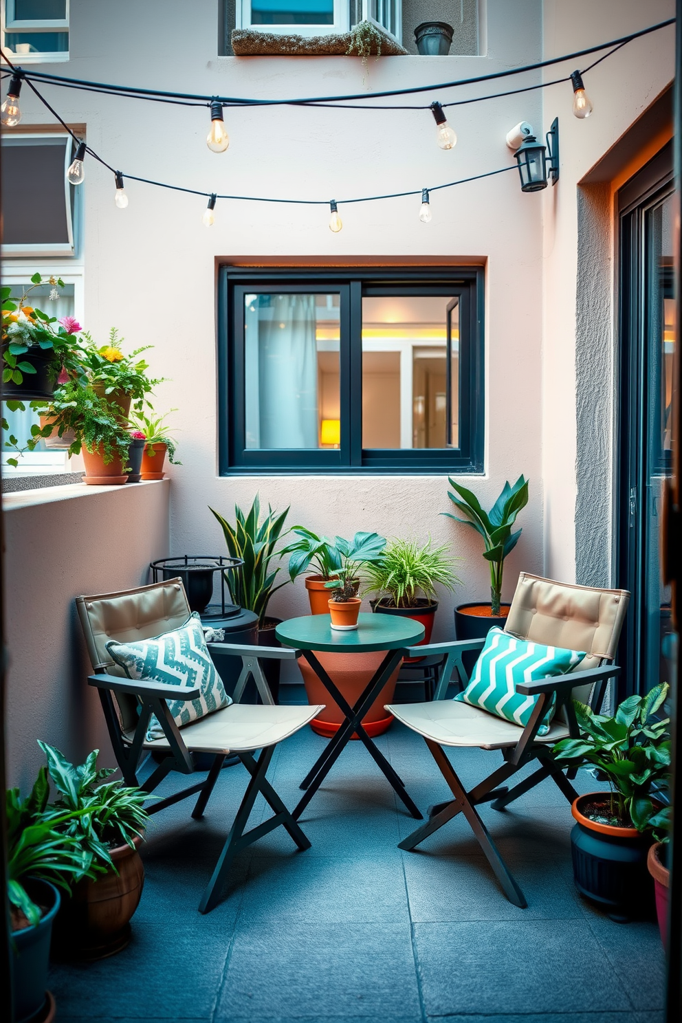 A cozy apartment patio features stylish folding chairs arranged around a small, round table. The space is adorned with potted plants and string lights overhead, creating an inviting atmosphere for relaxation.