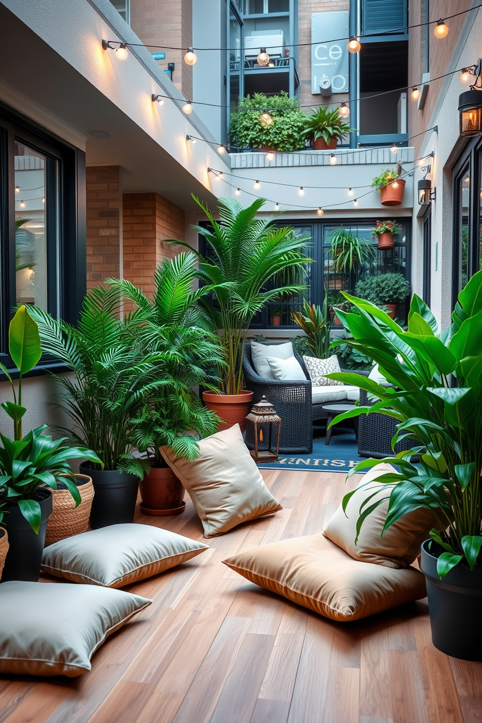 A serene meditation corner featuring plush cushions in soft earth tones arranged on a natural wood floor. Lush green plants in various sizes are positioned around the space, creating a calming atmosphere. An inviting apartment patio designed for relaxation and entertainment. Comfortable outdoor seating is complemented by vibrant potted plants and ambient lighting strung overhead.