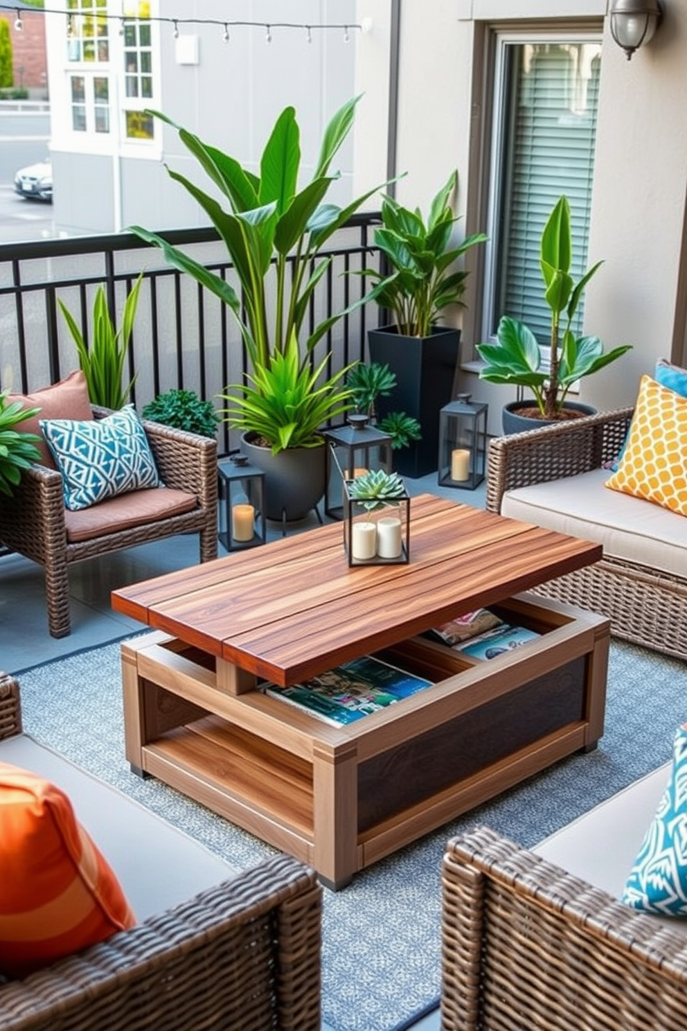 A stylish coffee table designed for an apartment patio. It features a sleek wooden top with integrated storage compartments beneath for keeping outdoor essentials organized. Surrounding the table are comfortable seating options, including plush cushions in vibrant colors. The patio is adorned with potted plants and decorative lanterns, creating a cozy and inviting atmosphere.