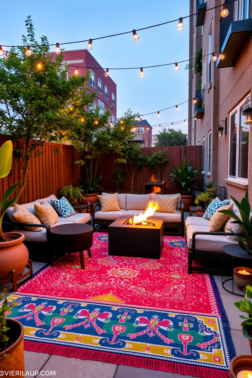 A vibrant apartment patio designed for outdoor games and fun entertainment. The space features a colorful outdoor rug, comfortable seating with plush cushions, and a low coffee table for snacks and drinks. In one corner, a portable fire pit creates a cozy atmosphere for evening gatherings. Surrounding the patio, potted plants and string lights add a festive touch, making it an inviting area for friends and family to enjoy.