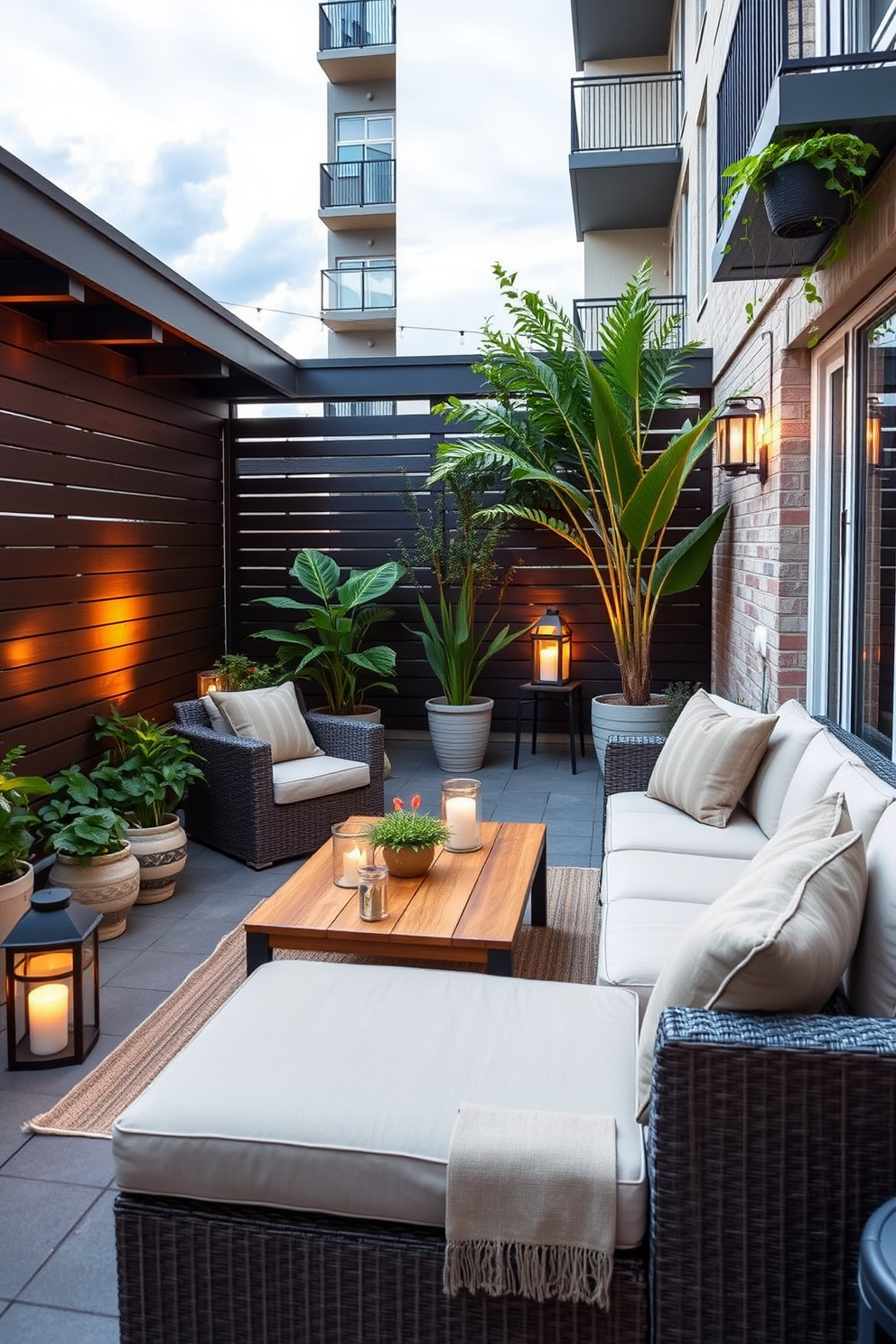 Create a stylish apartment patio that features weather-resistant furniture designed for durability. Include a cozy seating area with a sectional sofa made of synthetic wicker and plush outdoor cushions in neutral tones. Incorporate a sleek coffee table made of teak wood that complements the furniture. Add potted plants and decorative lanterns to enhance the ambiance and create a welcoming atmosphere.