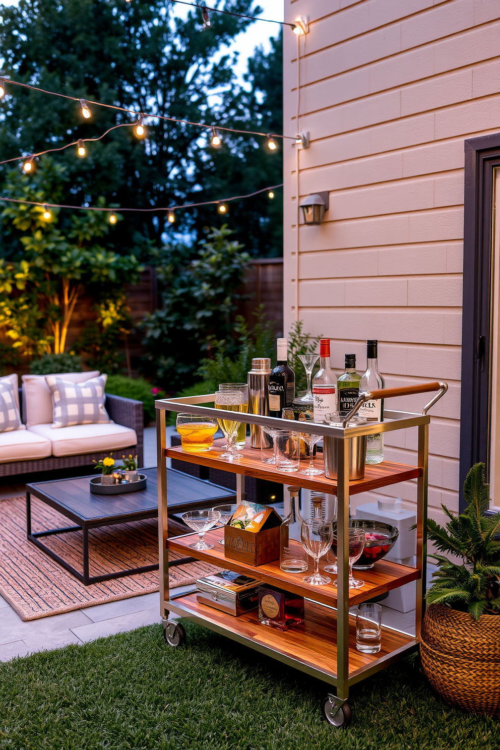 A stylish mini bar cart is set up on an outdoor patio, featuring a sleek metallic frame with wooden shelves. The cart is adorned with an assortment of colorful glassware, a cocktail shaker, and a selection of premium spirits, all surrounded by lush greenery and comfortable seating. The patio design includes a cozy lounge area with plush cushions and a low coffee table, perfect for entertaining guests. Ambient string lights are draped overhead, creating a warm and inviting atmosphere for evening gatherings.