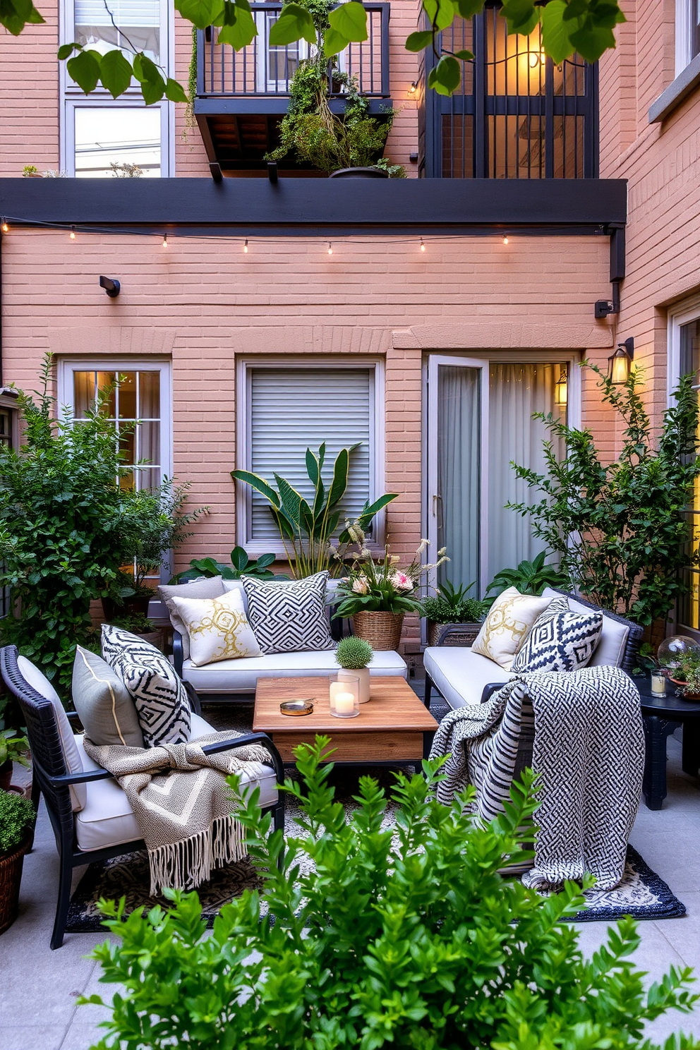 A cozy apartment patio featuring a stylish outdoor seating area with plush cushions and textured throws for added warmth. Lush greenery surrounds the space, and soft ambient lighting creates an inviting atmosphere for evening gatherings.