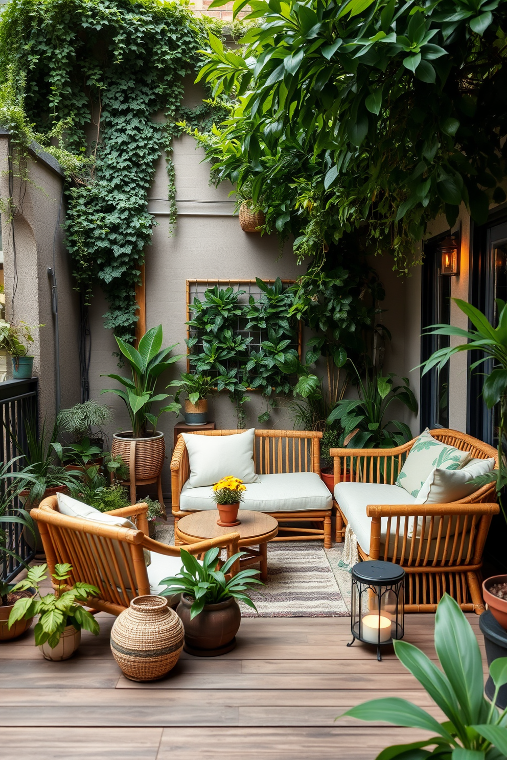 A cozy apartment patio featuring sustainable materials such as reclaimed wood for the decking and bamboo furniture. Lush greenery surrounds the space with potted plants and a vertical garden, creating a serene outdoor retreat. The seating area includes a comfortable sofa made from recycled materials, adorned with organic cotton cushions. Soft ambient lighting from solar-powered lanterns enhances the inviting atmosphere for evening gatherings.