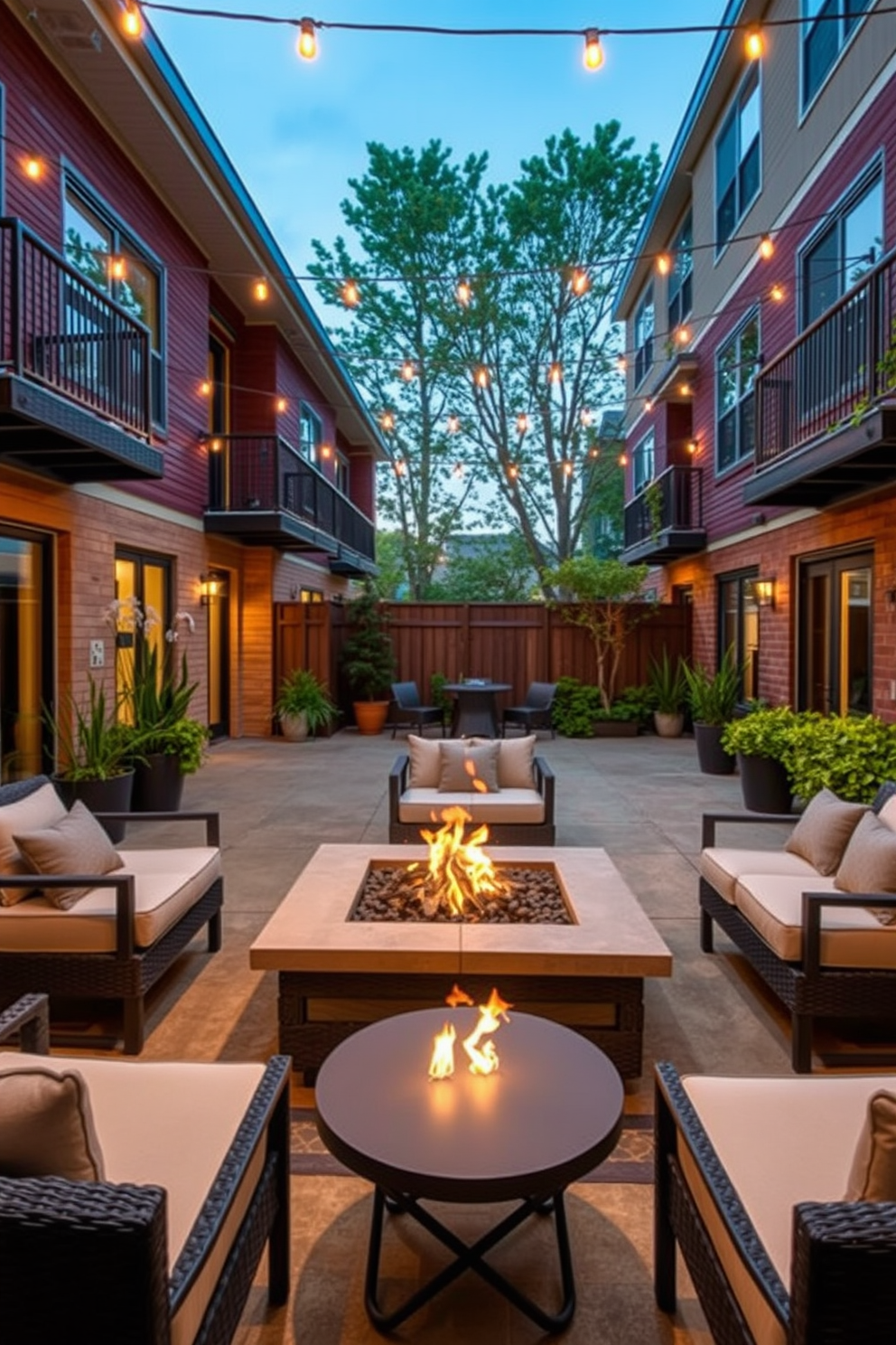 A stylish apartment patio featuring a modern fire pit at the center surrounded by comfortable seating. The patio is adorned with lush greenery and string lights overhead, creating a warm and inviting atmosphere for cozy gatherings.