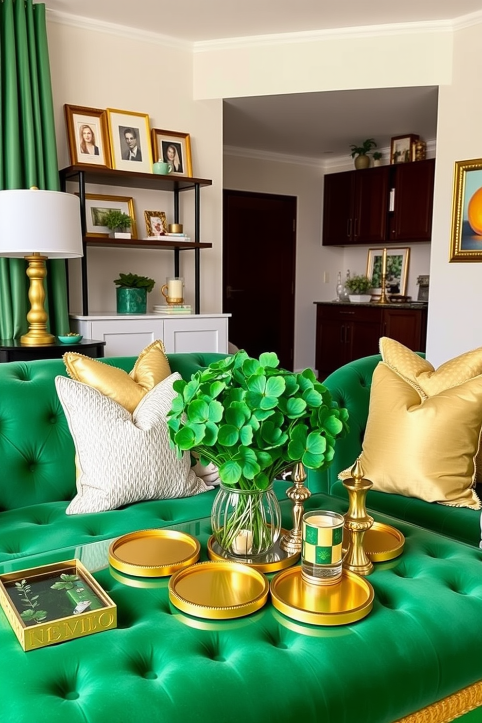 A stylish apartment decorated for St. Patrick's Day features vibrant green accents throughout the space. Gold decorative elements, such as picture frames and candle holders, complement the festive theme. The living room showcases a plush green sofa adorned with gold and white throw pillows. A centerpiece of fresh shamrock plants is placed on the coffee table, surrounded by golden coasters and festive decor.