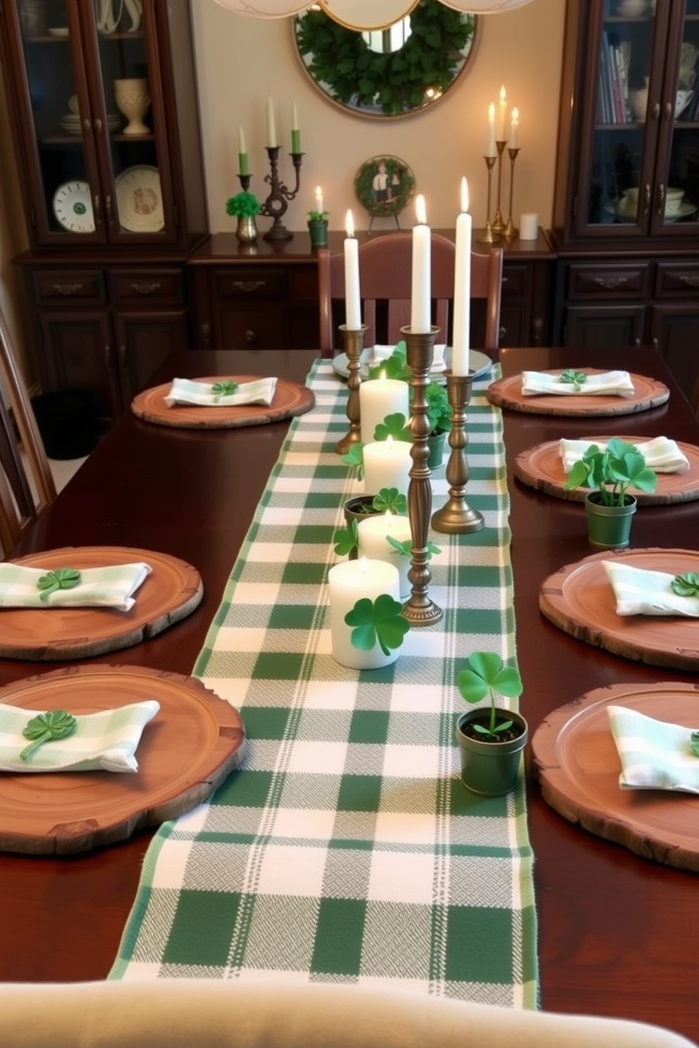 A cozy dining table set for St. Patrick's Day. The table is adorned with a green and white plaid table runner, complemented by rustic wooden placemats and festive shamrock centerpieces. Charming accents highlight the holiday spirit. Gold and green candles flicker softly, while small pots of clovers add a touch of nature to the decor.