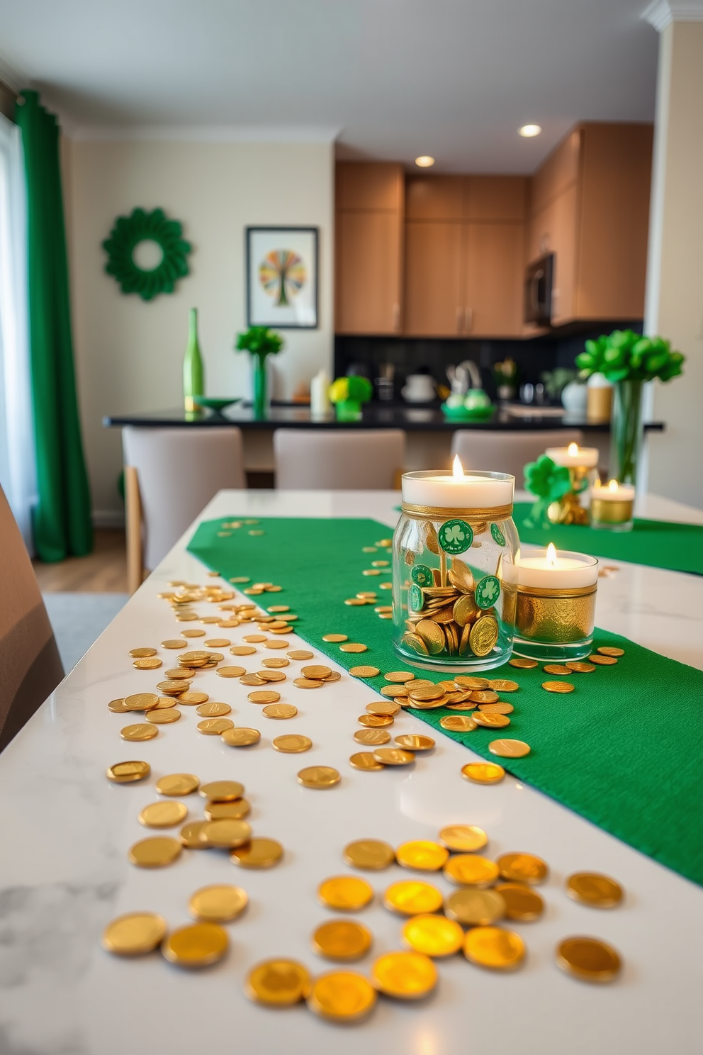 A festive apartment setting for St. Patrick's Day. Gold coins are scattered across the tabletops, adding a touch of whimsy and celebration. The decor features green accents, including shamrock-themed centerpieces and vibrant green table runners. Soft lighting creates a warm and inviting atmosphere, perfect for gathering with friends.