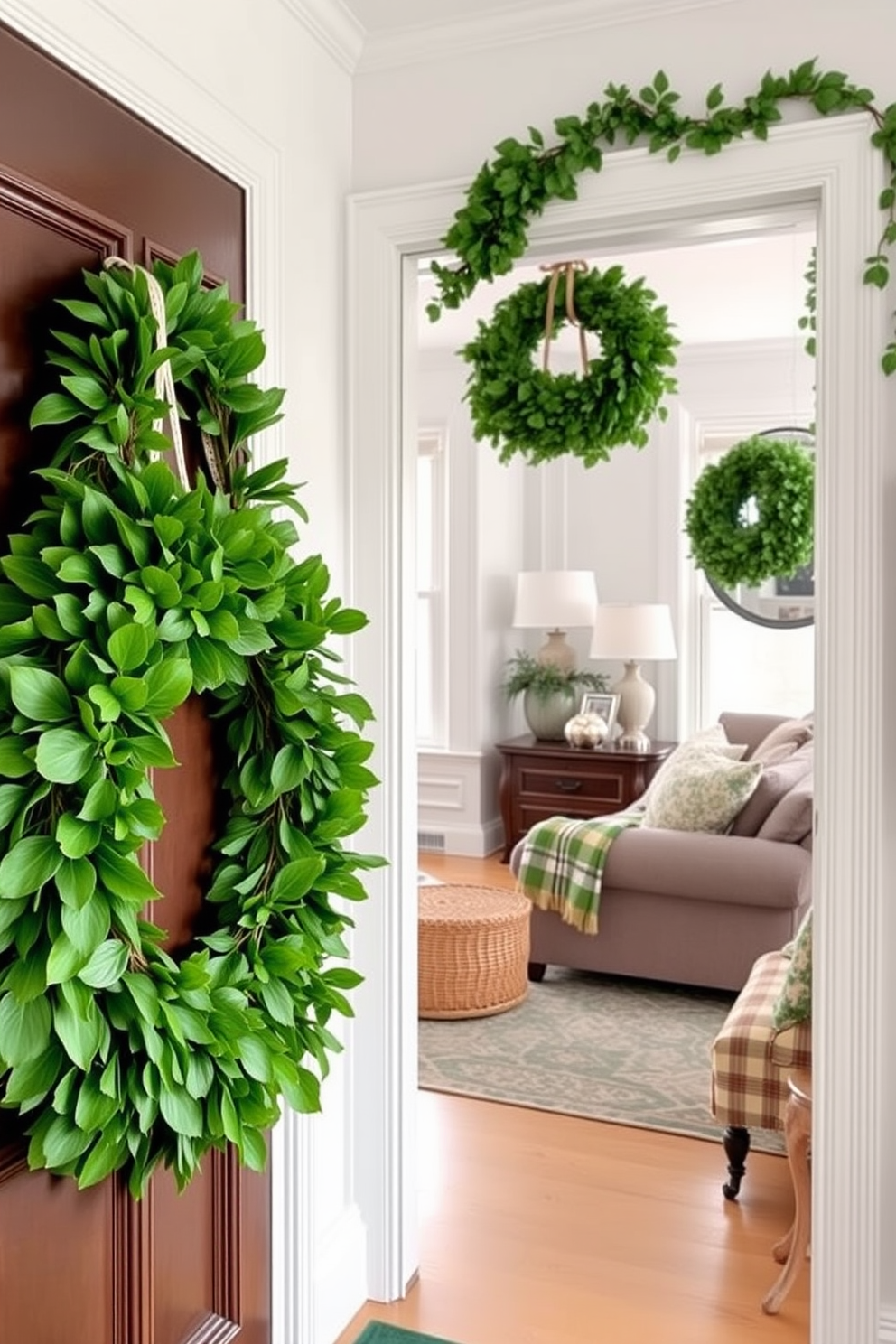 A charming apartment adorned with wreaths made of lush green foliage. The wreaths are hung on the front door and inside the living room, adding a festive touch for St. Patrick's Day.