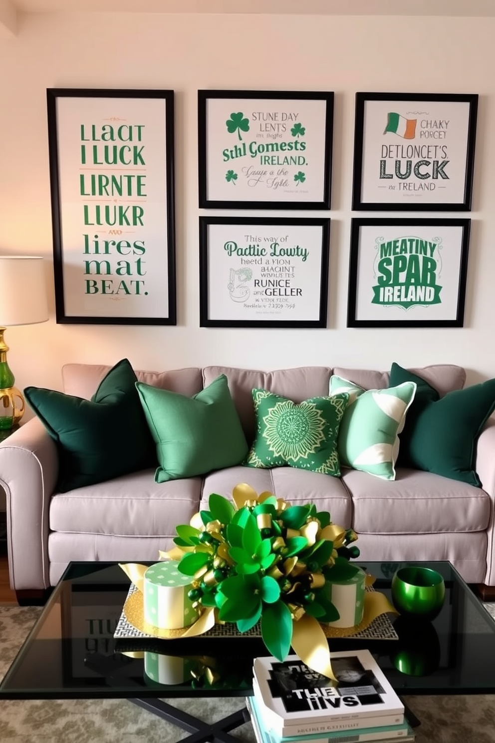 A cozy apartment living room decorated for St. Patrick's Day features framed quotes about luck and Ireland prominently displayed on the walls. The space is adorned with green and gold accents, including throw pillows and a festive table centerpiece that celebrates the spirit of the holiday.