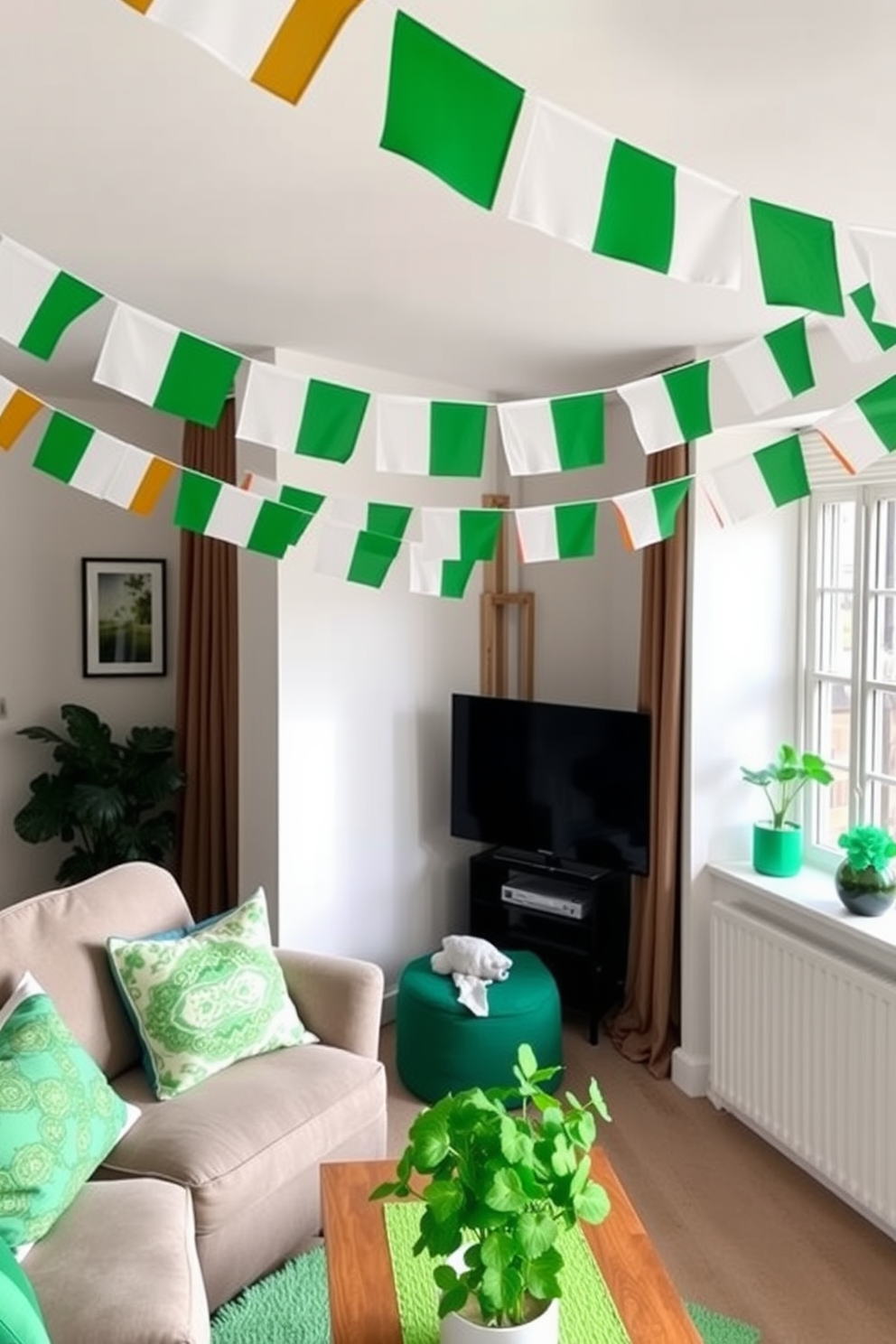 A vibrant display of Irish flag bunting hangs across the living room, adding a festive flair to the space. The bunting is draped elegantly from the ceiling, creating a cheerful atmosphere for St. Patrick's Day celebrations. The apartment features accents of green throughout, including decorative pillows and table runners. Fresh shamrock plants are placed on the windowsill, enhancing the festive spirit of the decor.