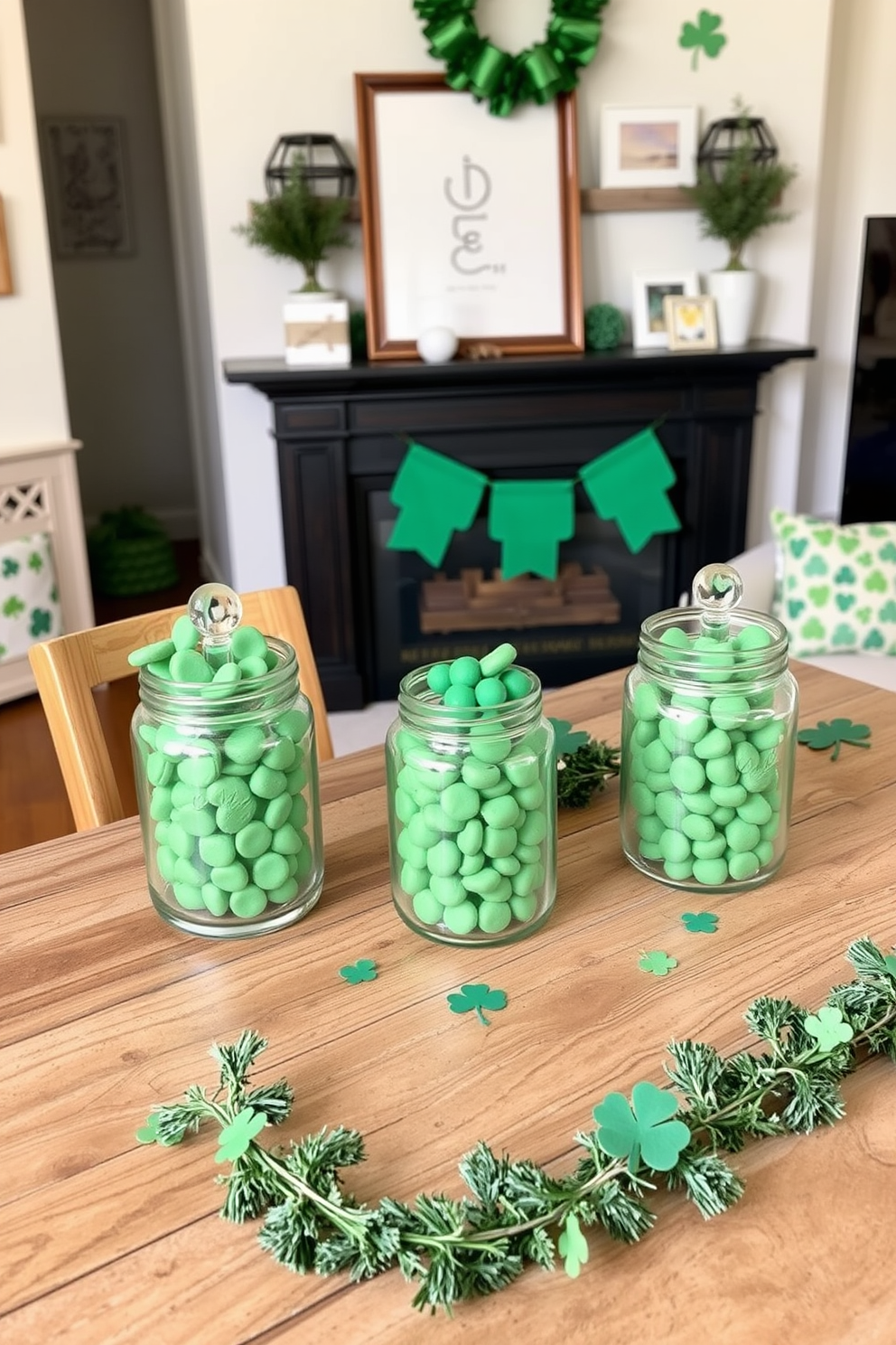 A cozy apartment adorned for St. Patrick's Day. Decorative glass jars filled with green treats are placed on a rustic wooden table, surrounded by festive greenery and shamrock accents.