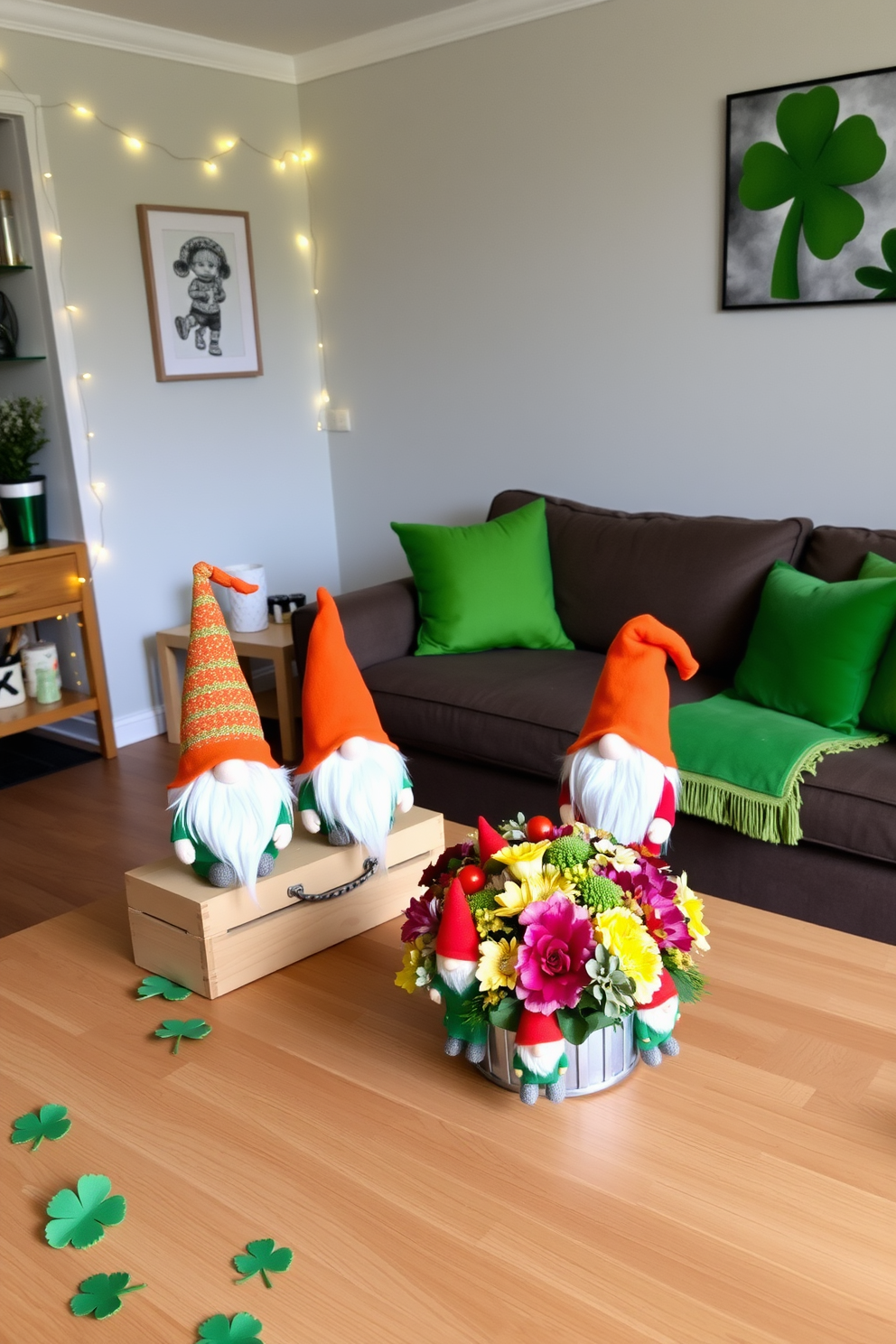 Gnome figurines dressed for St Patricks Day are placed on a wooden shelf adorned with green shamrocks and gold accents. The apartment features festive decorations, including a vibrant green table runner and twinkling fairy lights that create a cheerful atmosphere. The living room is enhanced by plush green cushions on the sofa and a St Patricks Day themed throw blanket. A cheerful centerpiece with a mix of fresh flowers and small gnome figurines adds a playful touch to the coffee table.