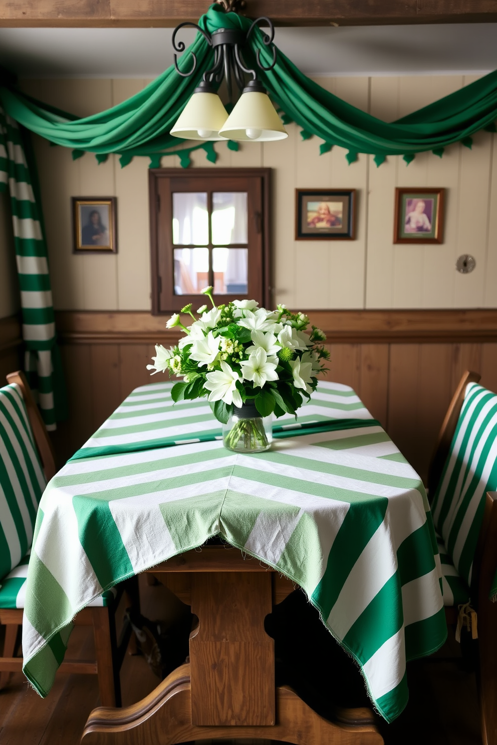 A cozy dining area adorned with green and white striped tablecloths drapes elegantly over a rustic wooden table. Fresh flowers in shades of white and green are arranged in a simple vase at the center, enhancing the festive St. Patrick's Day atmosphere.