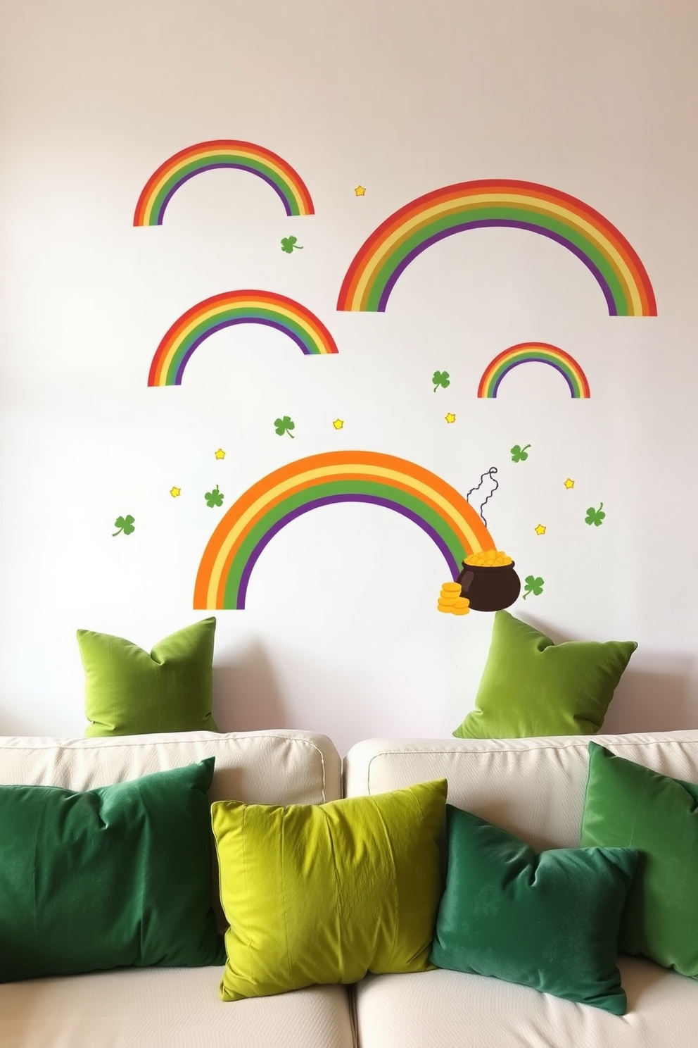 Create a vibrant living room adorned with wall decals of rainbows and pots of gold. The decals should be strategically placed on a white accent wall, complemented by green throw pillows on a cozy sofa.