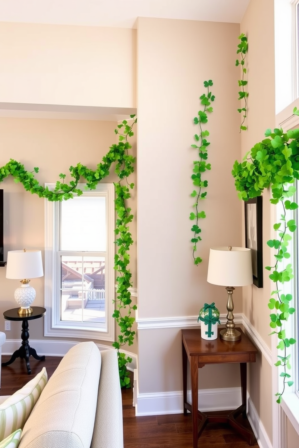 Shamrock garlands elegantly drape across the walls, adding a festive touch to the space. The vibrant green of the garlands contrasts beautifully with the neutral tones of the room, creating a cheerful atmosphere for St. Patrick's Day celebrations.