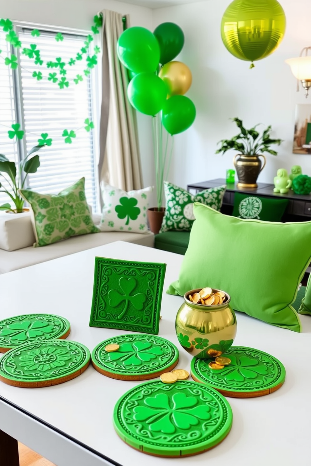 A collection of St Patrick's Day themed coasters featuring vibrant green hues and intricate Celtic designs. Each coaster showcases symbols like shamrocks and leprechauns, adding a festive touch to any tabletop setting. An inviting apartment adorned with St Patrick's Day decorations that include garlands of shamrocks and green balloons. The living space is brightened with themed throw pillows and a centerpiece of gold coins and miniature pots of gold.