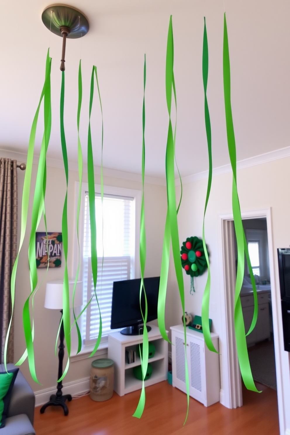 Hanging green ribbons cascade elegantly from the ceiling fixtures, creating a festive atmosphere throughout the apartment. The vibrant ribbons sway gently, complementing the cheerful St. Patrick's Day decorations that adorn the space.