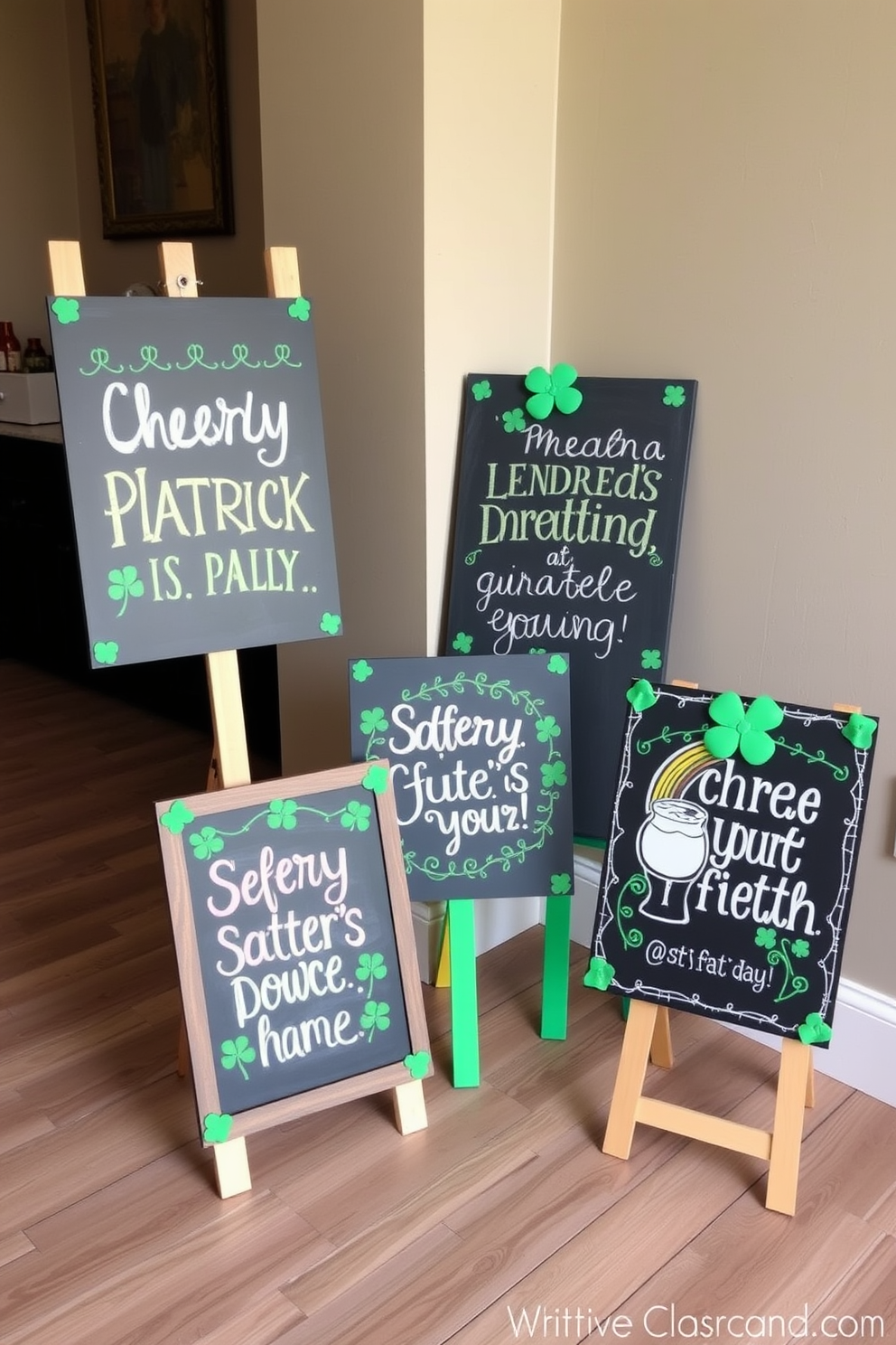 Chalkboard signs displaying cheerful festive messages are strategically placed around the apartment. Each sign is adorned with vibrant green accents and playful illustrations to enhance the St. Patrick's Day theme.