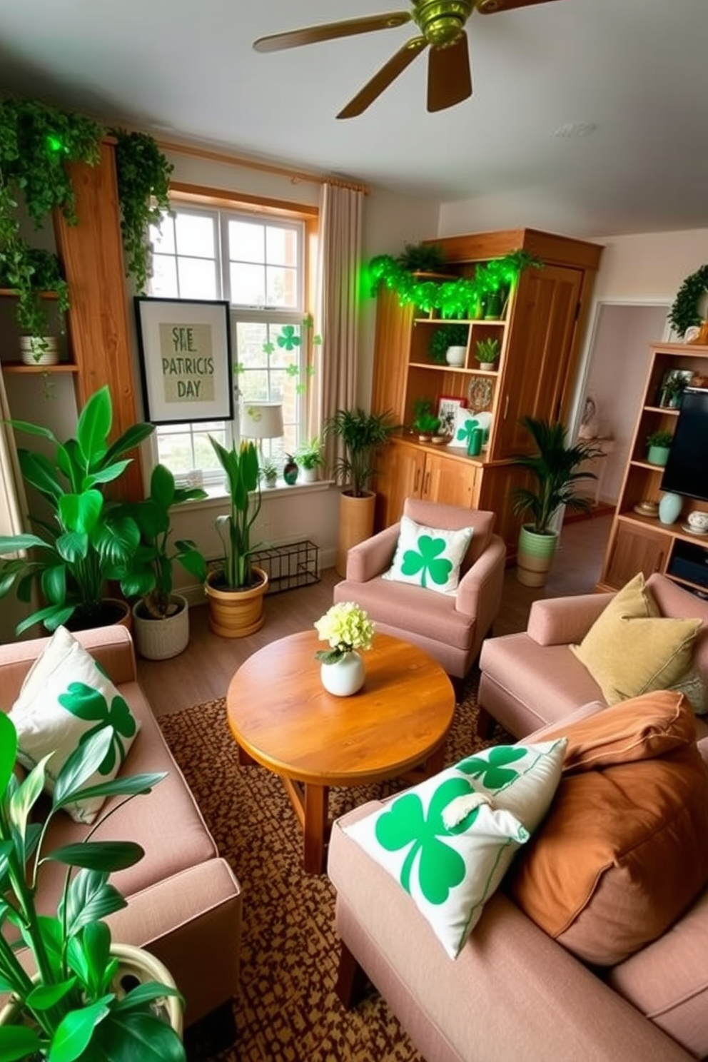 A cozy apartment adorned with natural wood accents and vibrant greenery. The living space features a warm wooden coffee table surrounded by plush seating, while potted plants add life to the corners. For St. Patrick's Day, the decor includes festive green and gold accents throughout the apartment. Shamrock-patterned throw pillows and a garland of green lights create a cheerful atmosphere for celebrating the holiday.