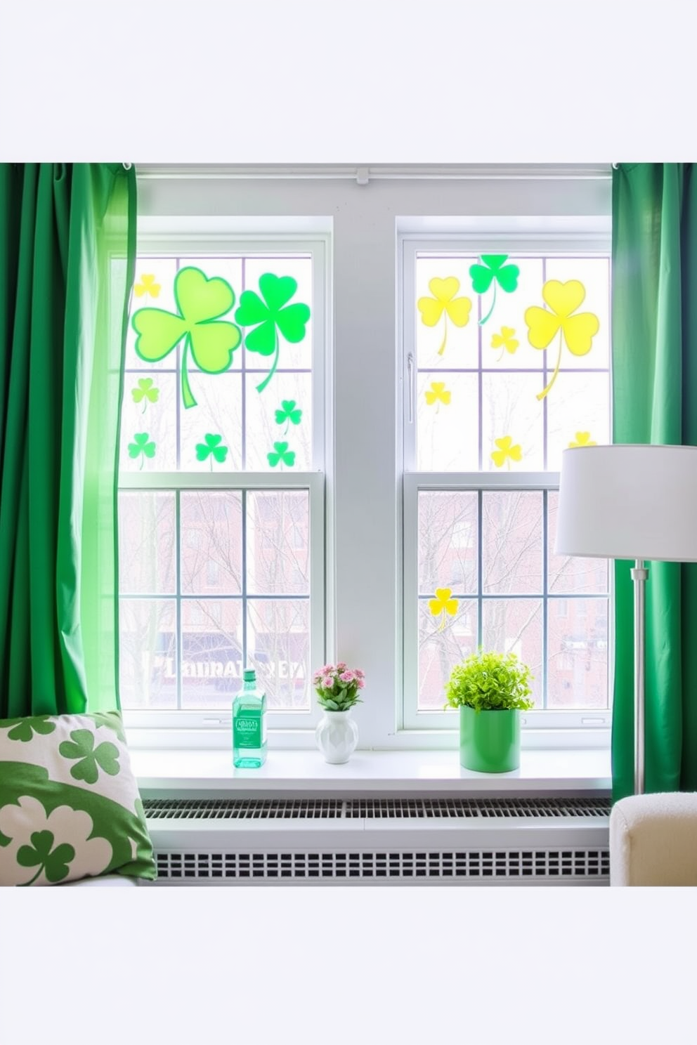 Create a vibrant apartment setting decorated for St. Patrick's Day. The windows feature colorful DIY shamrock window clings that add a festive touch to the space.