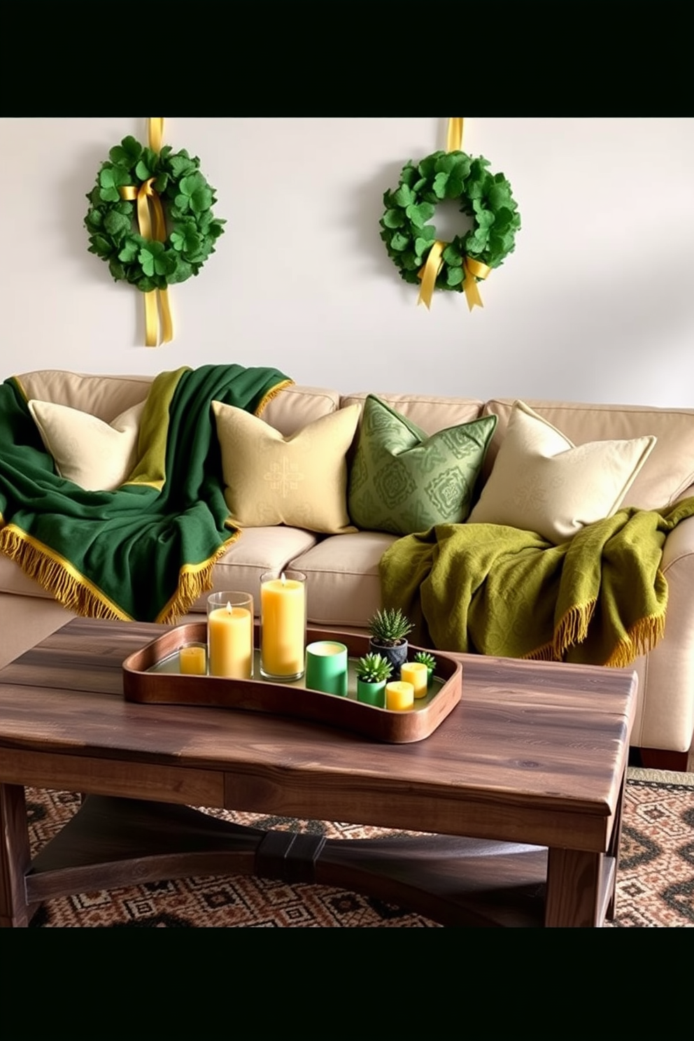 A cozy living room adorned with layered blankets in rich green and gold hues. The blankets are artfully draped over a plush sofa, complemented by decorative pillows featuring subtle patterns that echo the festive spirit of St. Patrick's Day. On a rustic wooden coffee table, a collection of green and gold accents, such as candles and small potted plants, adds a touch of charm. Nearby, a vibrant wreath made of shamrocks and gold ribbons hangs on the wall, enhancing the celebratory atmosphere.