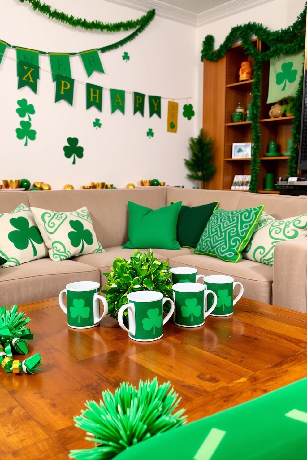 A cozy apartment setting adorned for St. Patrick's Day. Festive mugs with shamrock designs are arranged on a wooden coffee table, surrounded by green and gold decorations. The walls are decorated with cheerful banners and garlands in shades of green. A plush sofa is accented with throw pillows featuring Celtic patterns, creating a warm and inviting atmosphere.