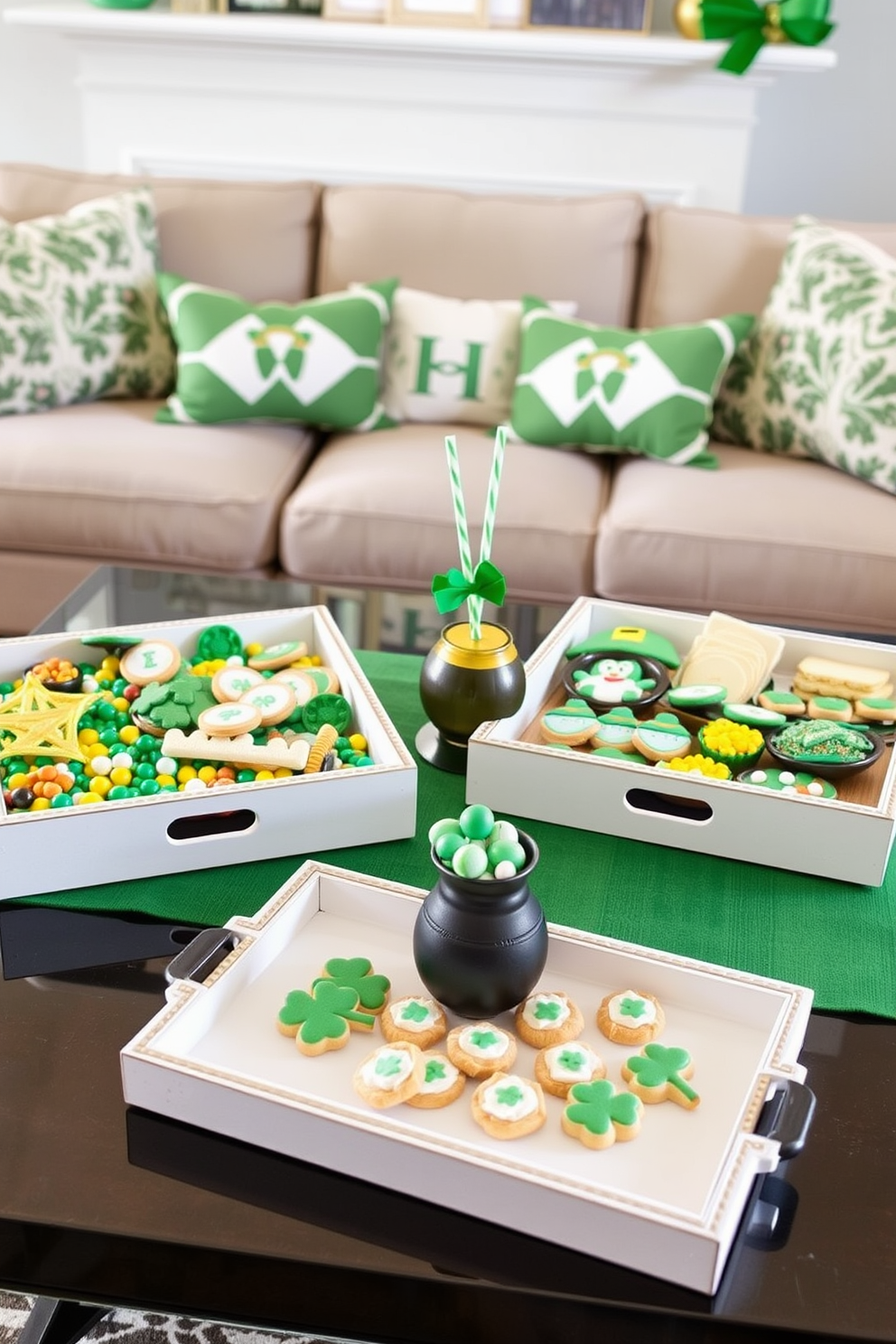 A stylish living room setup showcasing decorative trays filled with themed snacks for St. Patrick's Day. The trays are adorned with green and gold treats, including shamrock-shaped cookies and festive candies, creating a cheerful and inviting atmosphere. The coffee table is decorated with a vibrant green tablecloth, and a centerpiece featuring a small pot of gold adds a playful touch. Soft lighting enhances the cozy ambiance, making it the perfect setting for celebrating the holiday with friends and family.