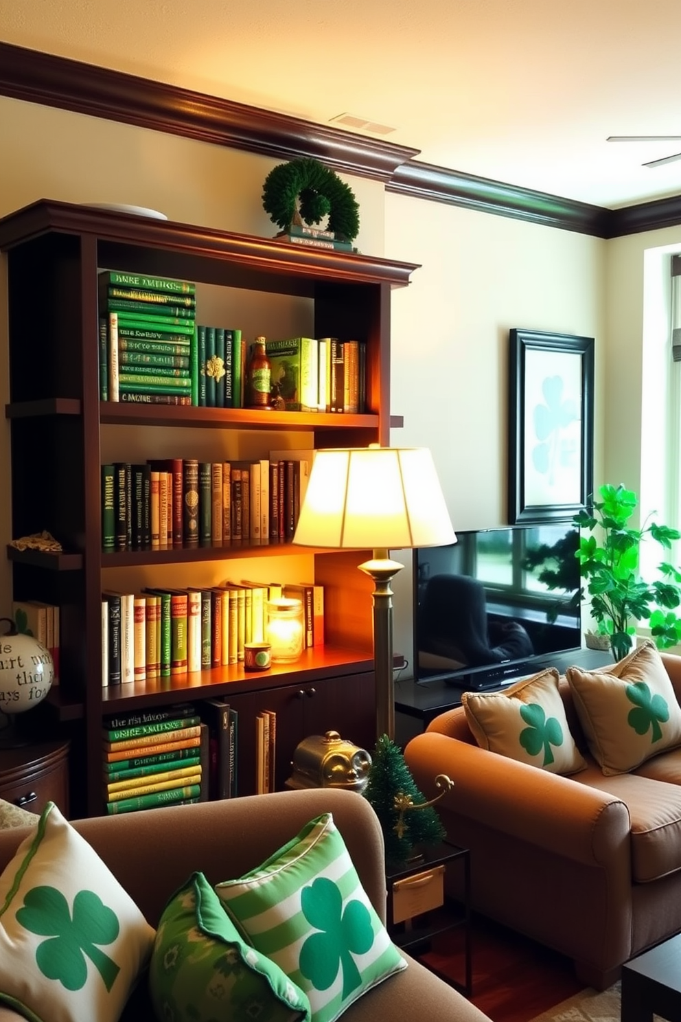 A cozy apartment living room adorned with Irish-themed books displayed on dark wooden shelves. The shelves are filled with vibrant green and gold accents, capturing the spirit of St. Patrick's Day. Soft, warm lighting illuminates the space, creating an inviting atmosphere. Decorative elements such as shamrock motifs and Celtic patterns enhance the festive decor throughout the room.